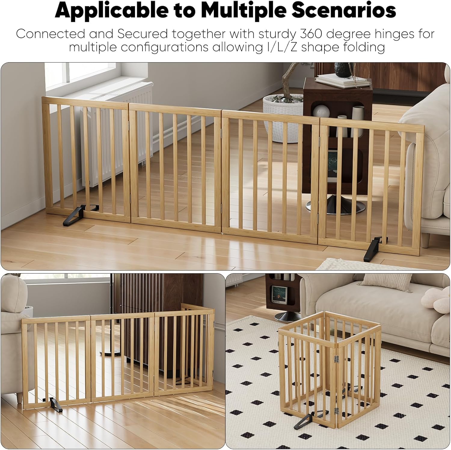Detalle 2 de Morwdxef Natural Bamboo Freestanding Dog Gate (4 Panels) for Stairs and Doorways