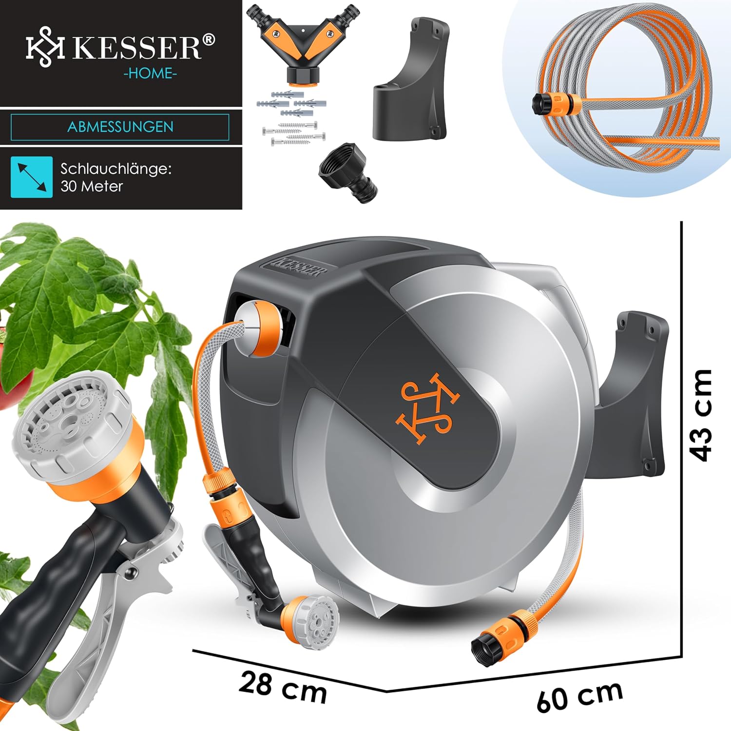 Thumbnail 6 de KESSER® Schlauchtrommel 30 m mit Wandmontage – automatisches Zurückziehen, 180° Schwenkbar und 7‑fach verstellbare Handbrause