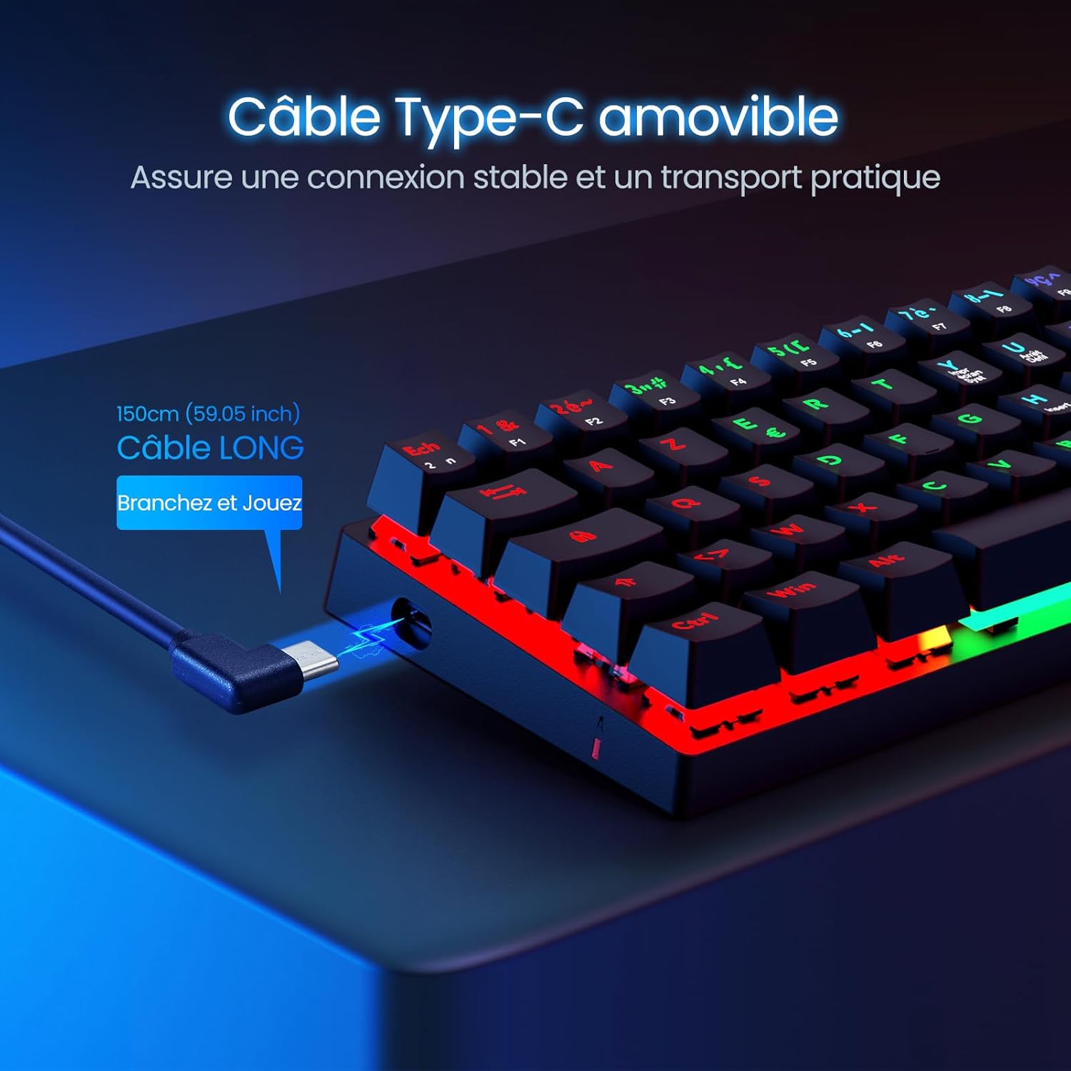 Thumbnail 6 de CACKBIRD Clavier Mécanique Azerty 60% – Switch Bleus, RGB, USB-C amovible, anti-ghosting
