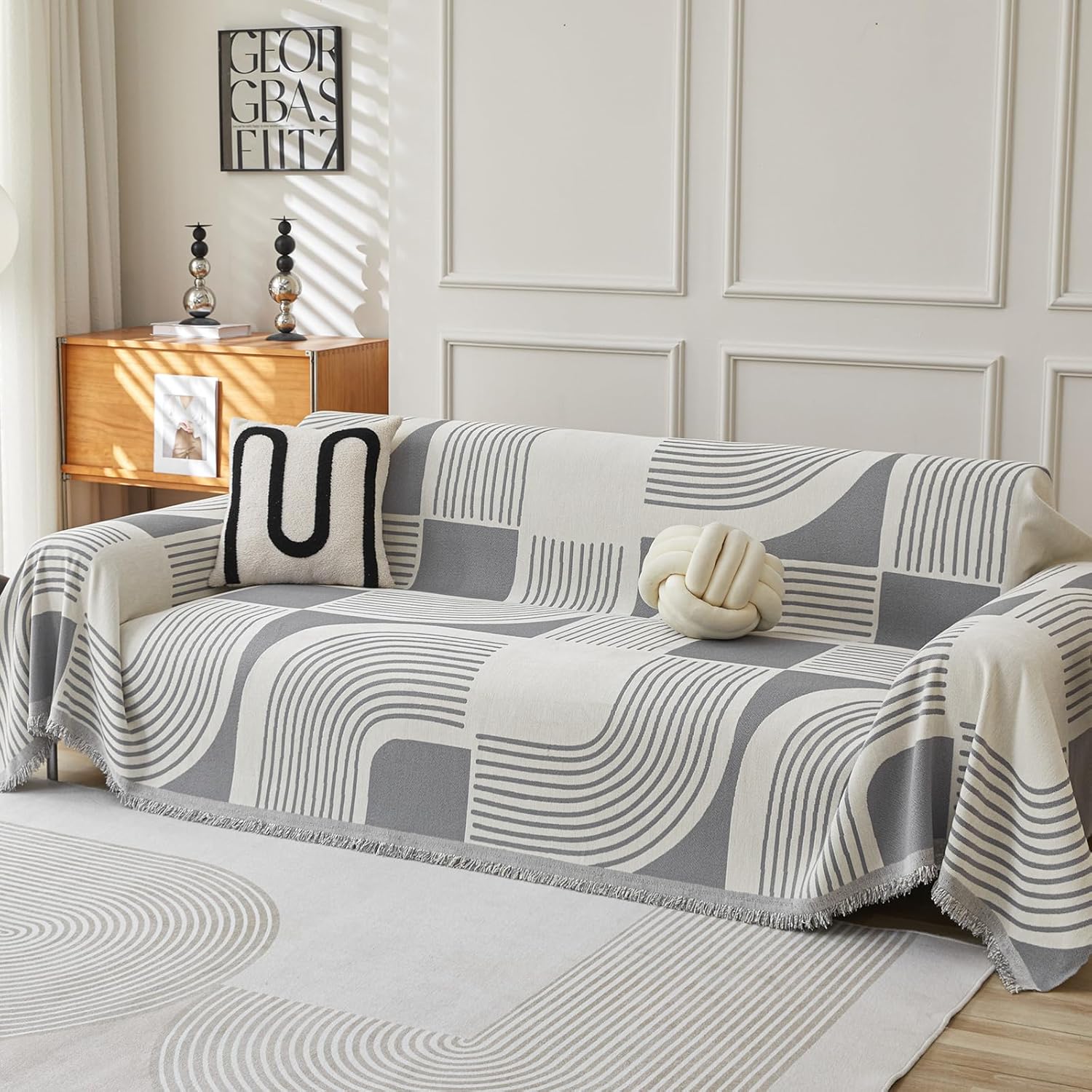 Detalle de WEYOND Boho chenille couch cover sofa slipcover (grey) – 230 x 380 cm