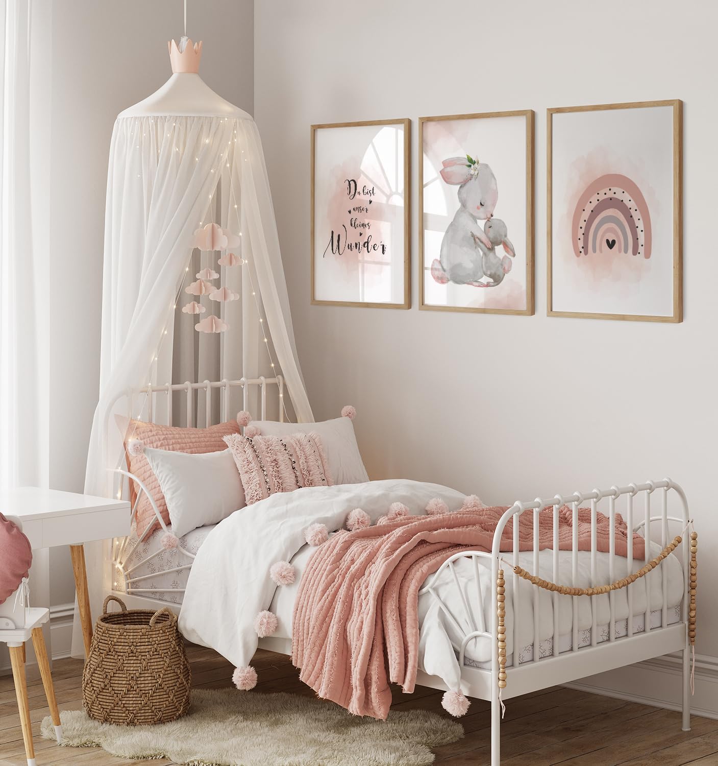 Thumbnail 1 de artpin® 3er-Set Poster Kinderzimmer Regenbogen Hasen A4 (ohne Rahmen) für Mädchen – Rosa/Grau