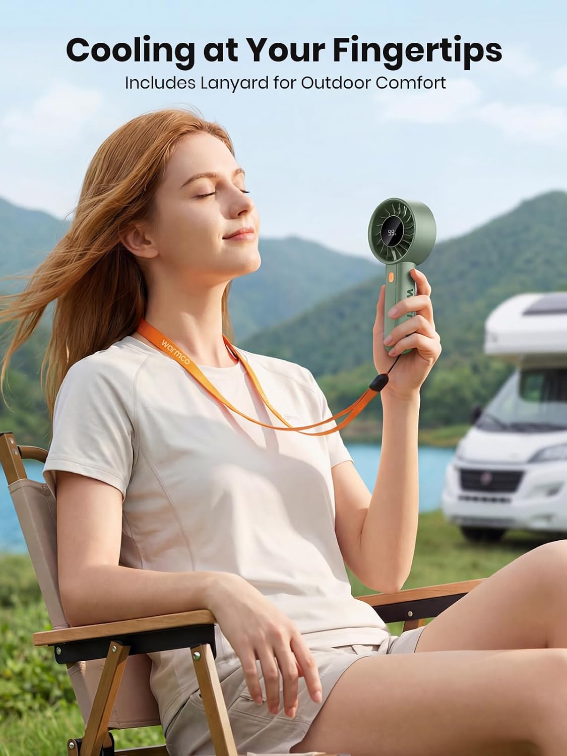 Detalle de Warmco Portable Handheld Turbo Fan 5000mAh – 4-Speed, Base & Lanyard, LED Display, USB Rechargeable
