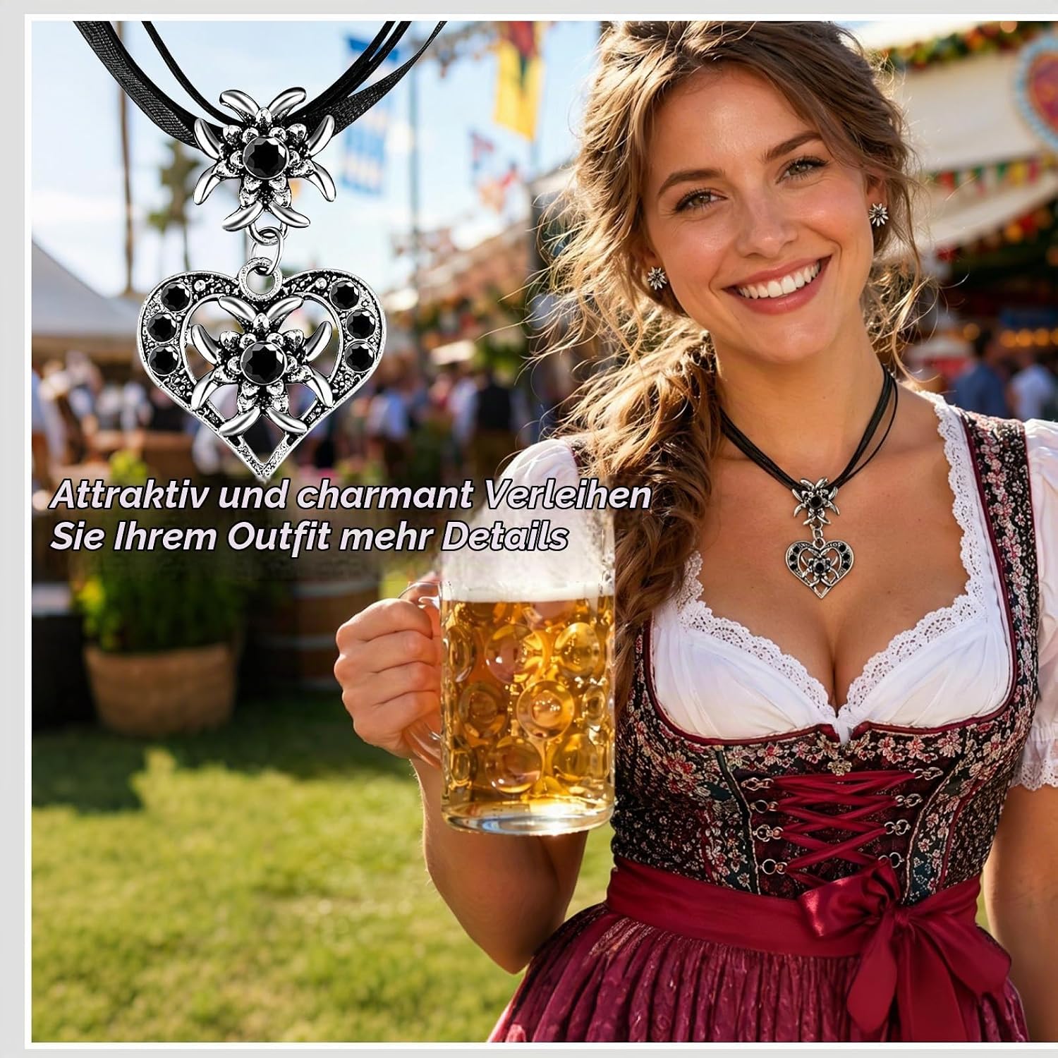 Thumbnail 4 de Homelyxe 3 Stück Trachtenschmuck Set Schwarz – Edelweiß Herz Anhänger für Dirndl, Oktoberfest