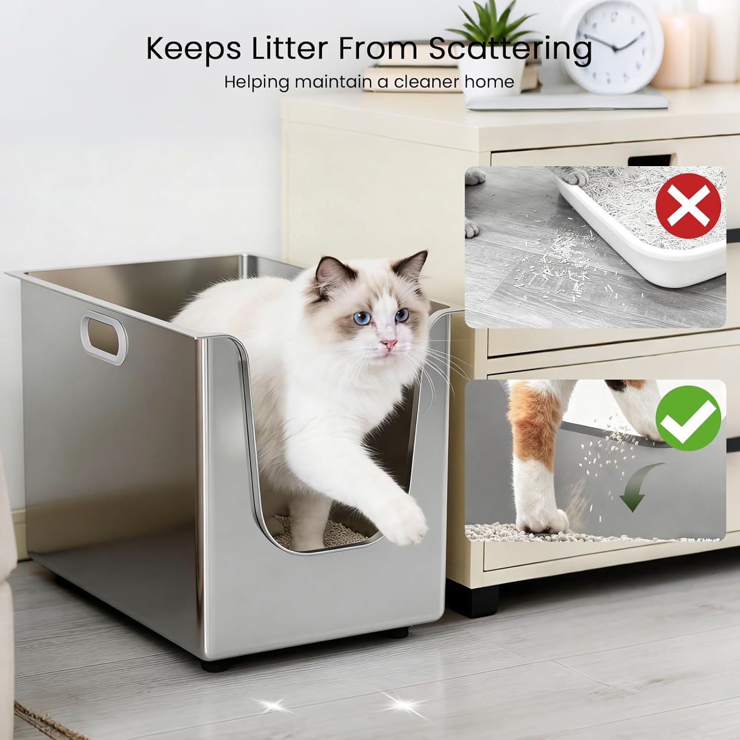 Thumbnail 4 de PTLOM Lebensmittelechtes Edelstahl Katzenklo XXXL mit 35 cm hohen Rändern (35 cm) – auslaufsicher & niedriger Einstieg