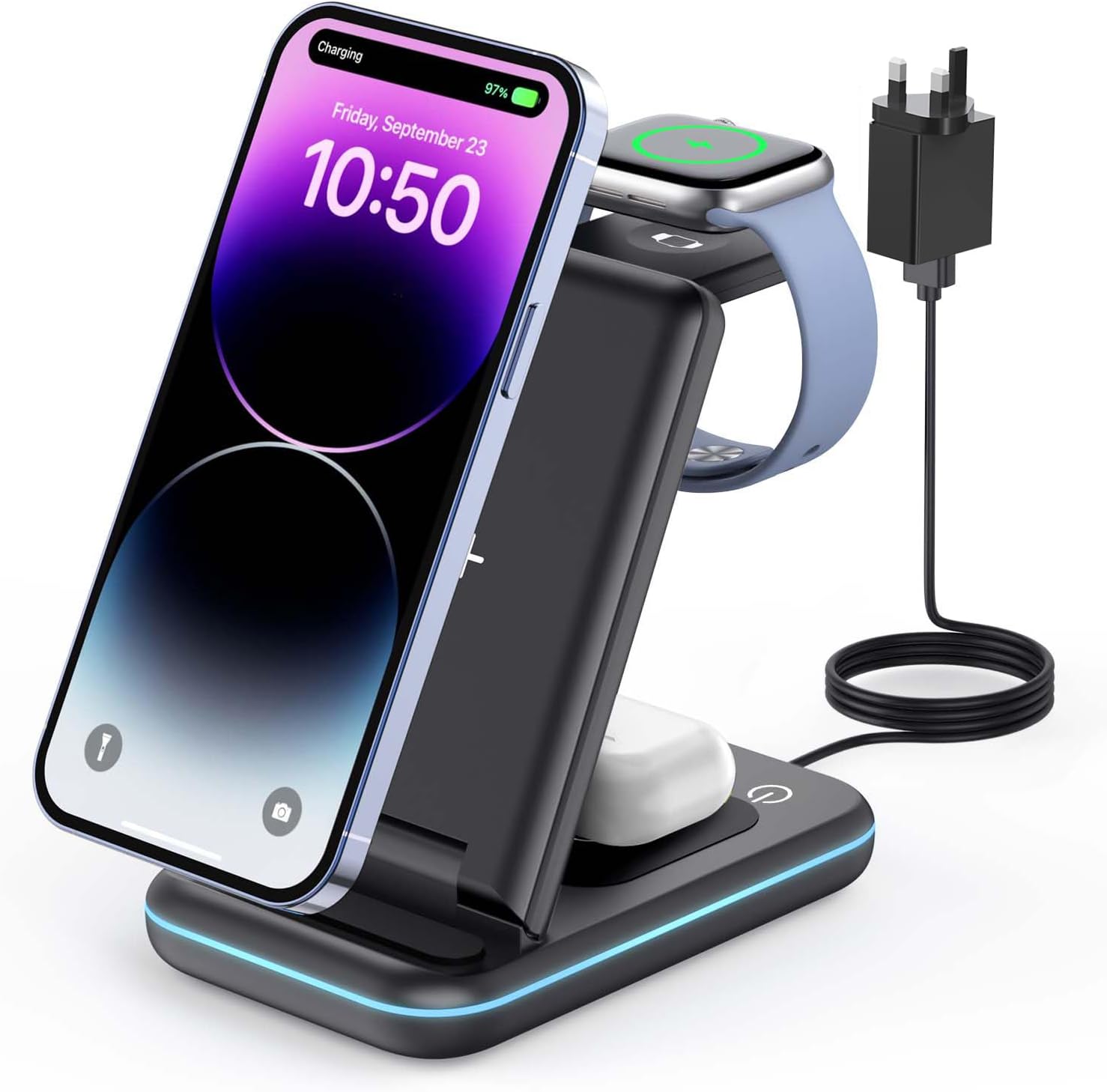 Detalle de GEEKERA 3-in-1 Wireless Charging Station for iPhone, Apple Watch and AirPods (Carbon Black)