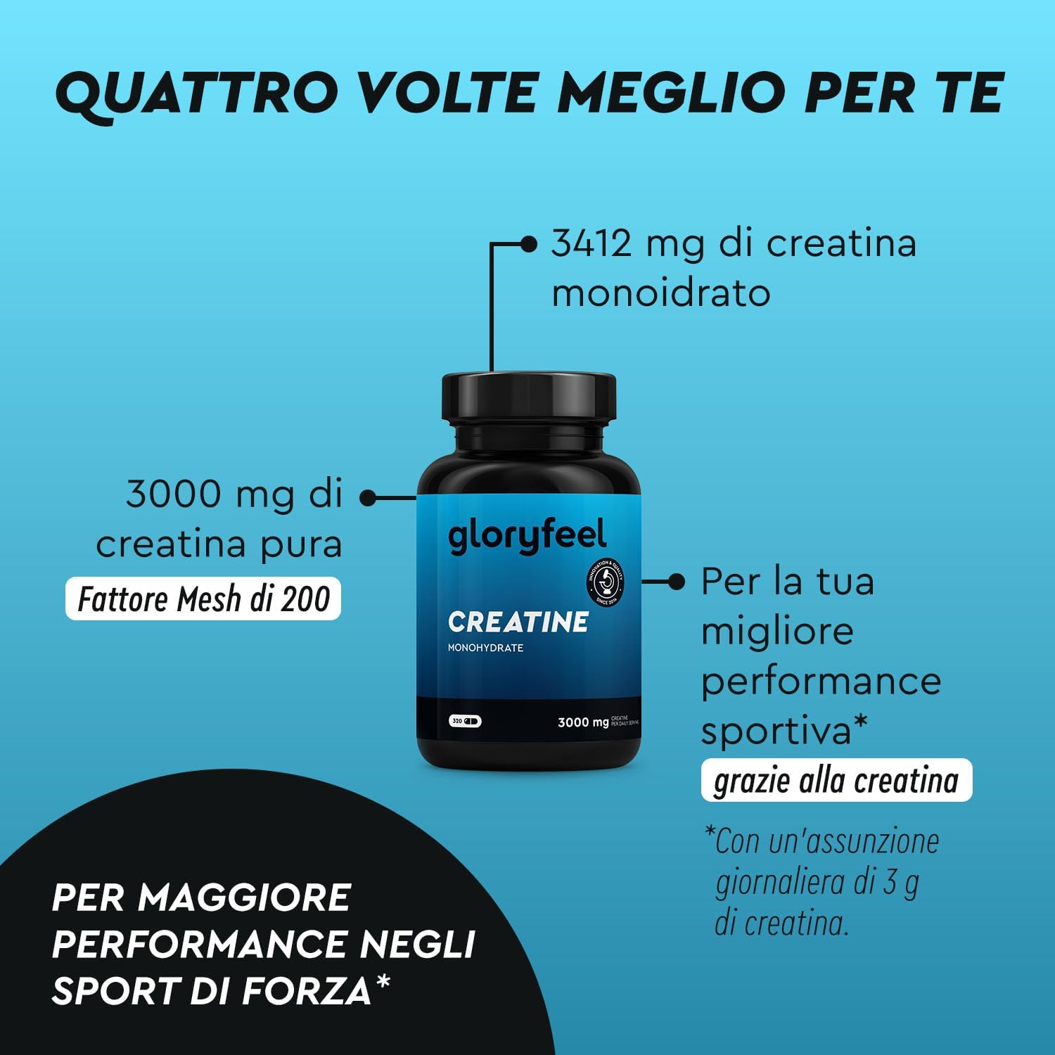 Detalle 2 de Creatina Monoidrata 320 Capsule – 3000 mg di Creatina pura per dose, senza OGMs
