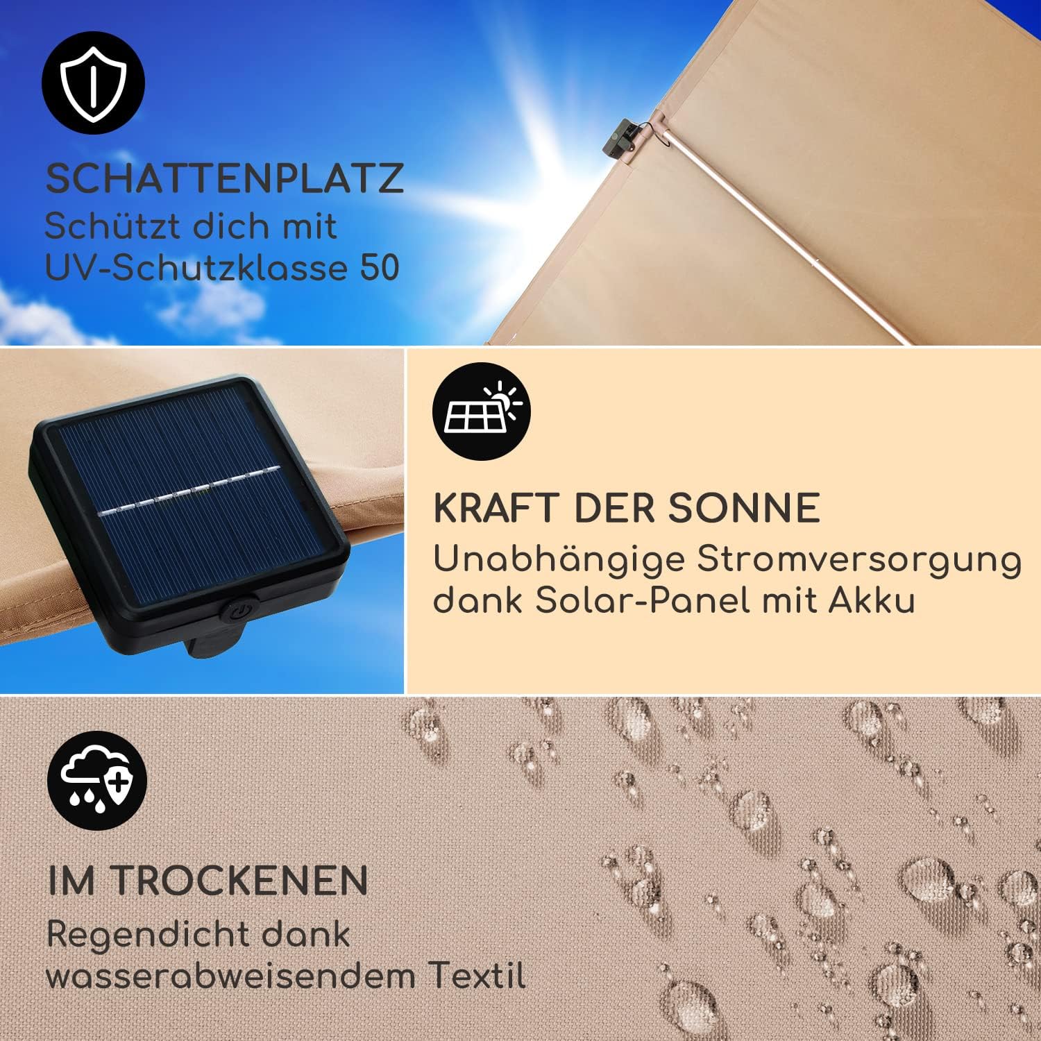 Detalle 2 de Blumfeldt GDW8-FlexShadeLED-LT Garden Parasol with Solar Panels and RGB LEDs