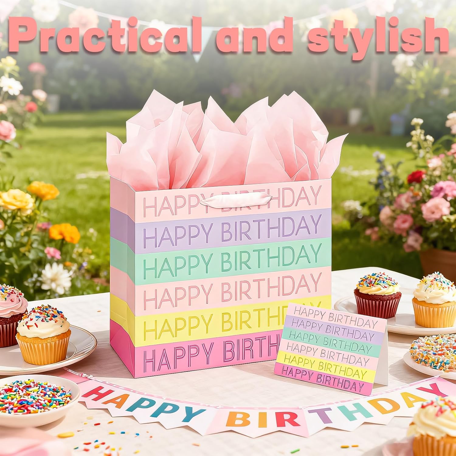 Thumbnail 5 de 2pc Happy Birthday gift bags (pink) with tissue paper and greeting cards