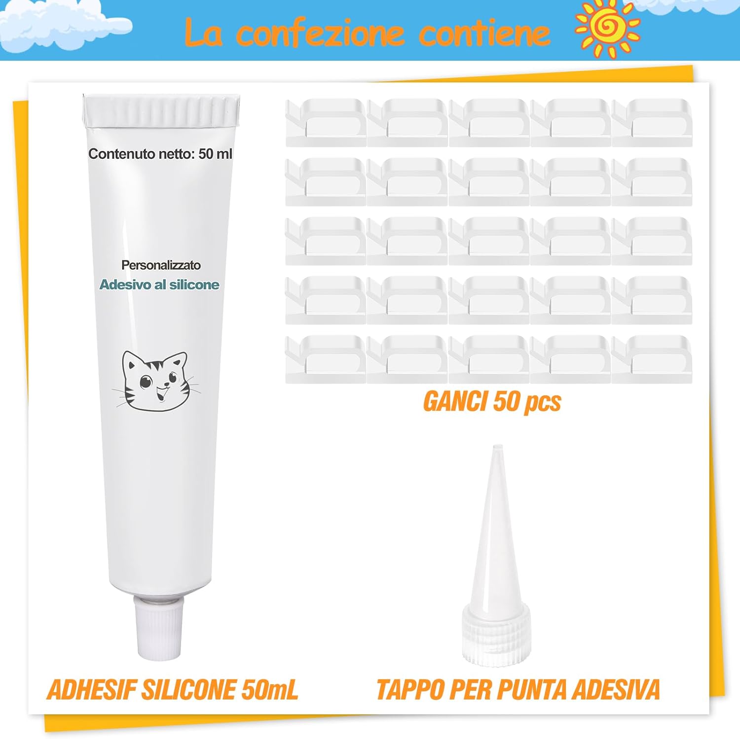 Thumbnail 4 de ThomP set da 50 ganci adesivi e colla in silicone (trasparenti) per rete anti-gatti senza foratura