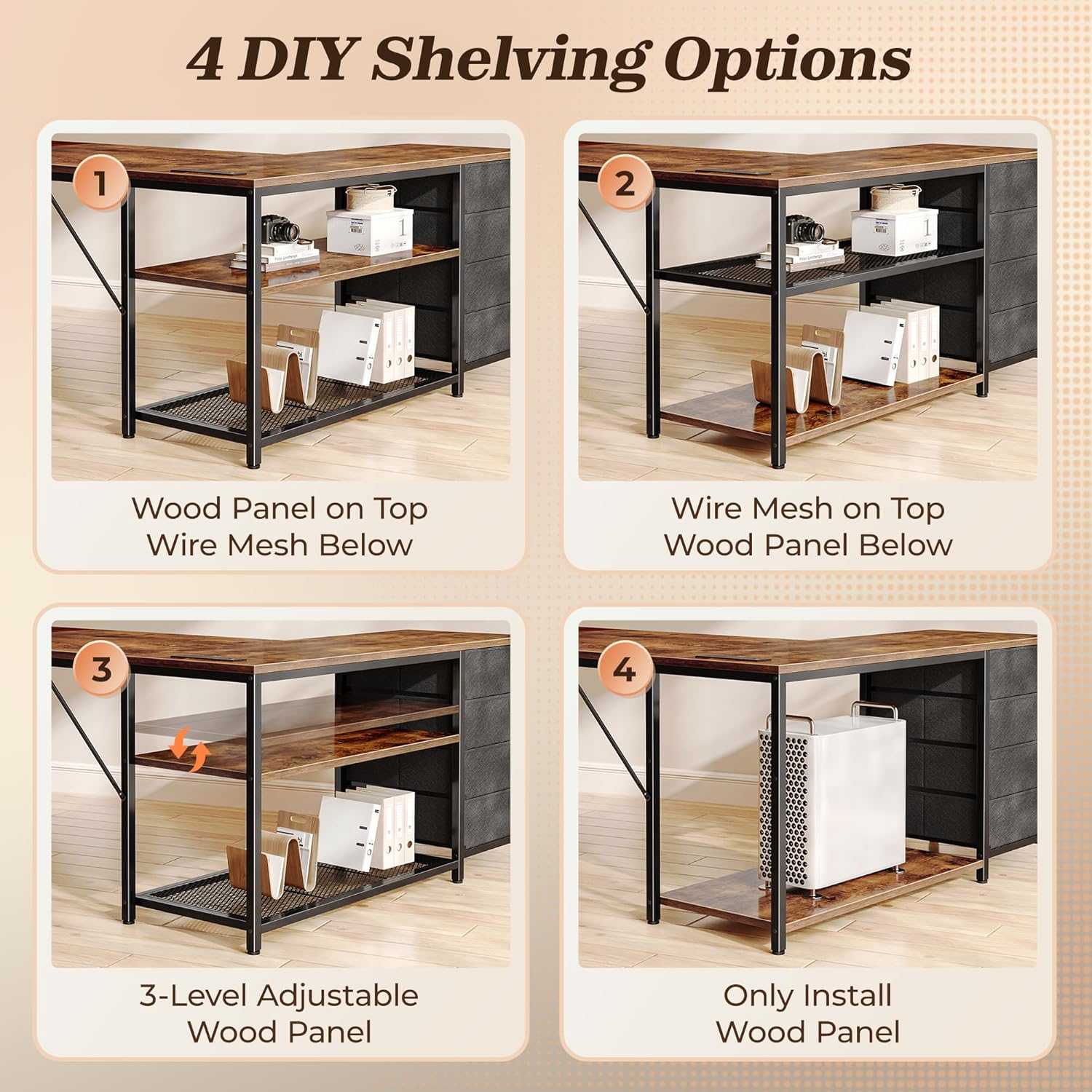 Detalle 1 de PRAISUN 61" L-Shaped Desk with Power Outlets, 4 Drawers, Rustic Brown