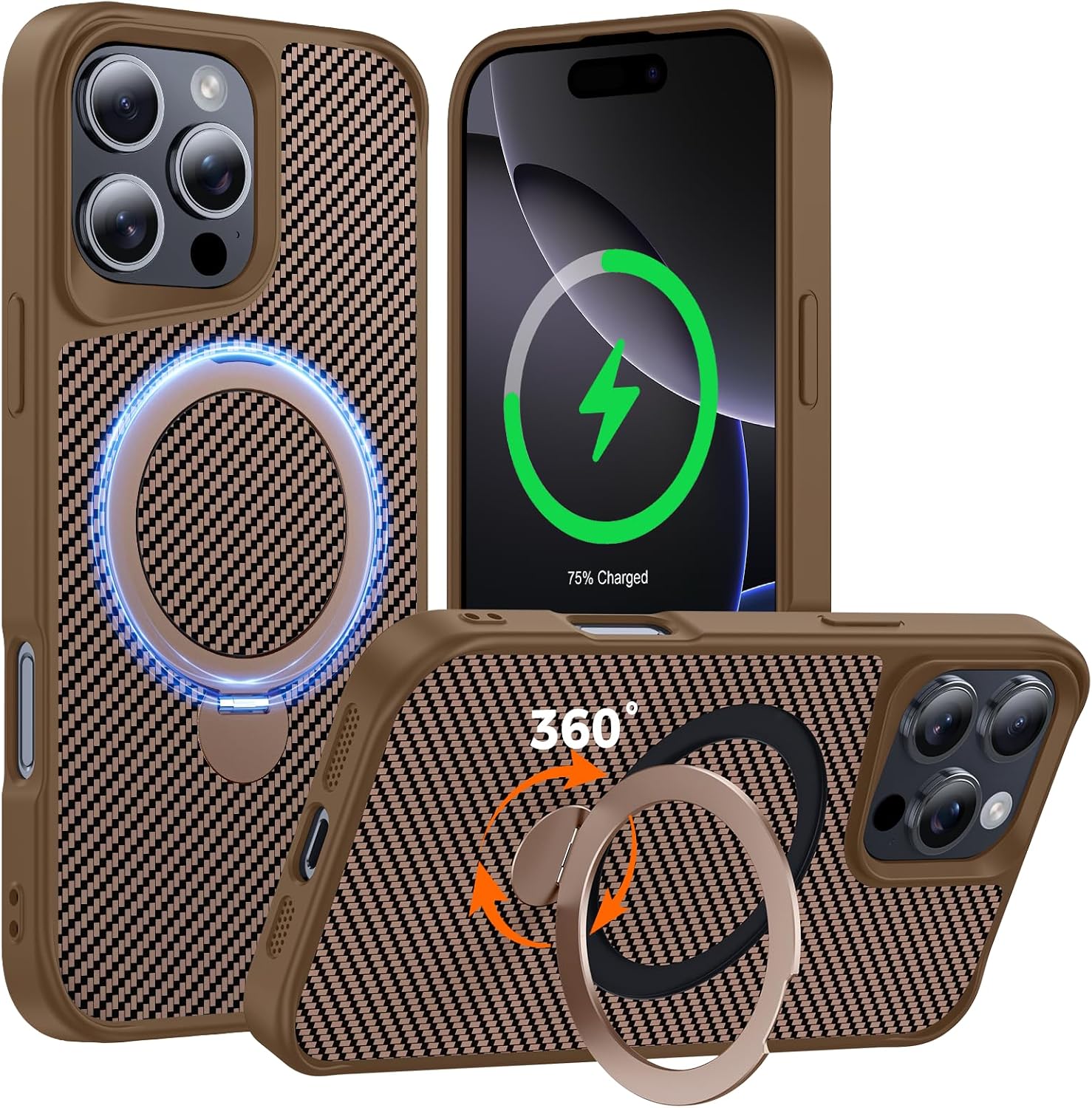 Detalle de Enlafavo 16 Pro Max Case with 360° Magnetic Stand and Carbon Fiber Back, 15FT Military Protection