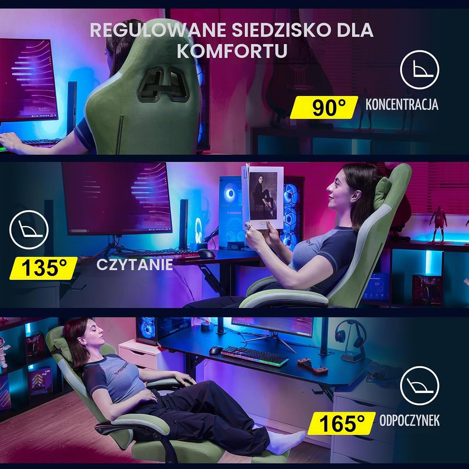 Detalle de GTPLAYER LR008 – fotel gamingowy z podnóżkiem i regulowanymi podłokietnikami, zielony