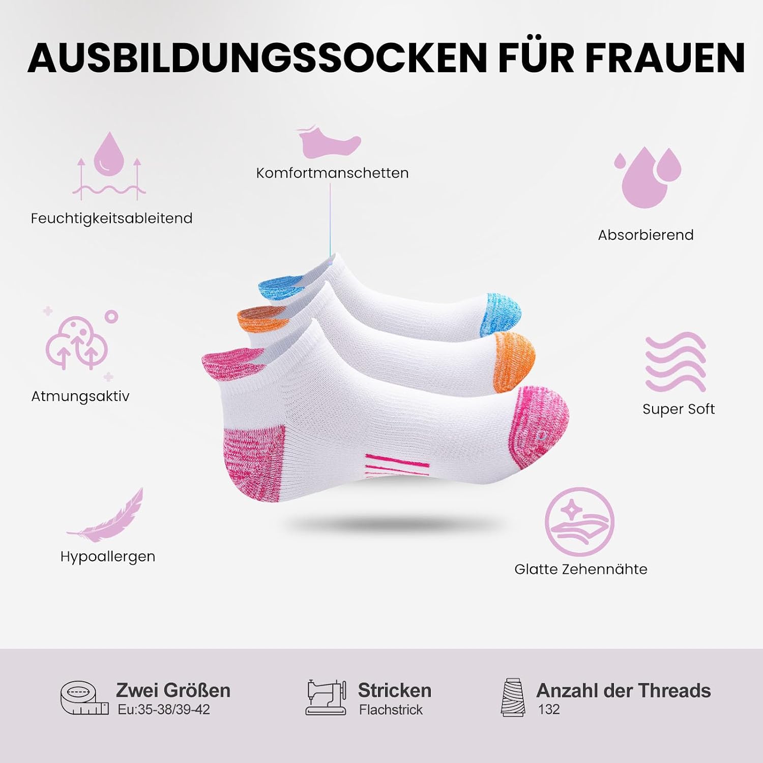 Detalle de Niofind Chaussettes basses femme de sport (6 paires) 35-38/39-42 – coton respirant anti-ampoules