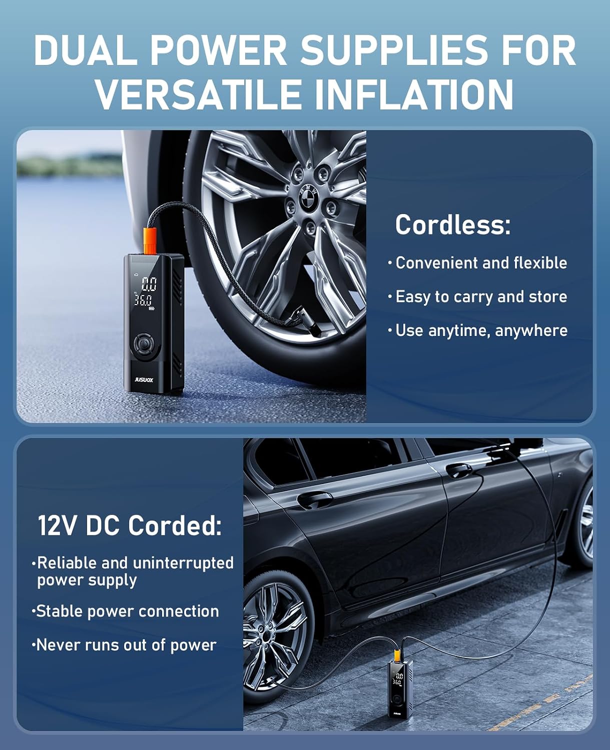 Thumbnail 1 de JUSUOX Portable Tire Inflator, 150 PSI Dual-Power Air Compressor