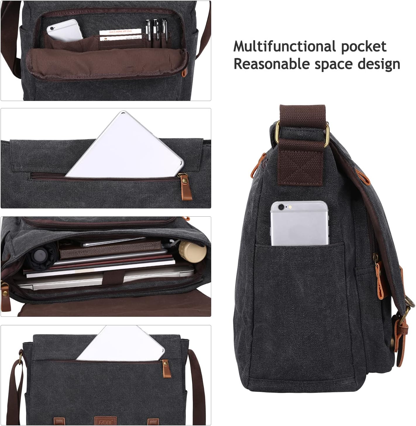 Detalle de S-ZONE Homme sac à bandoulière 15,6 pouces en toile vintage avec compartiment ordinateur