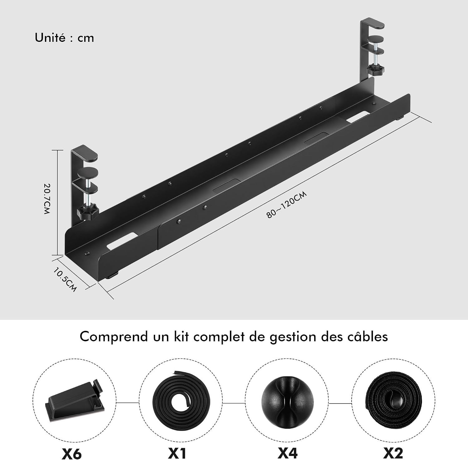 Thumbnail 6 de Mimoke goulotte de câbles de bureau extensible 800 à 1200 mm (noir) – montage par serrage
