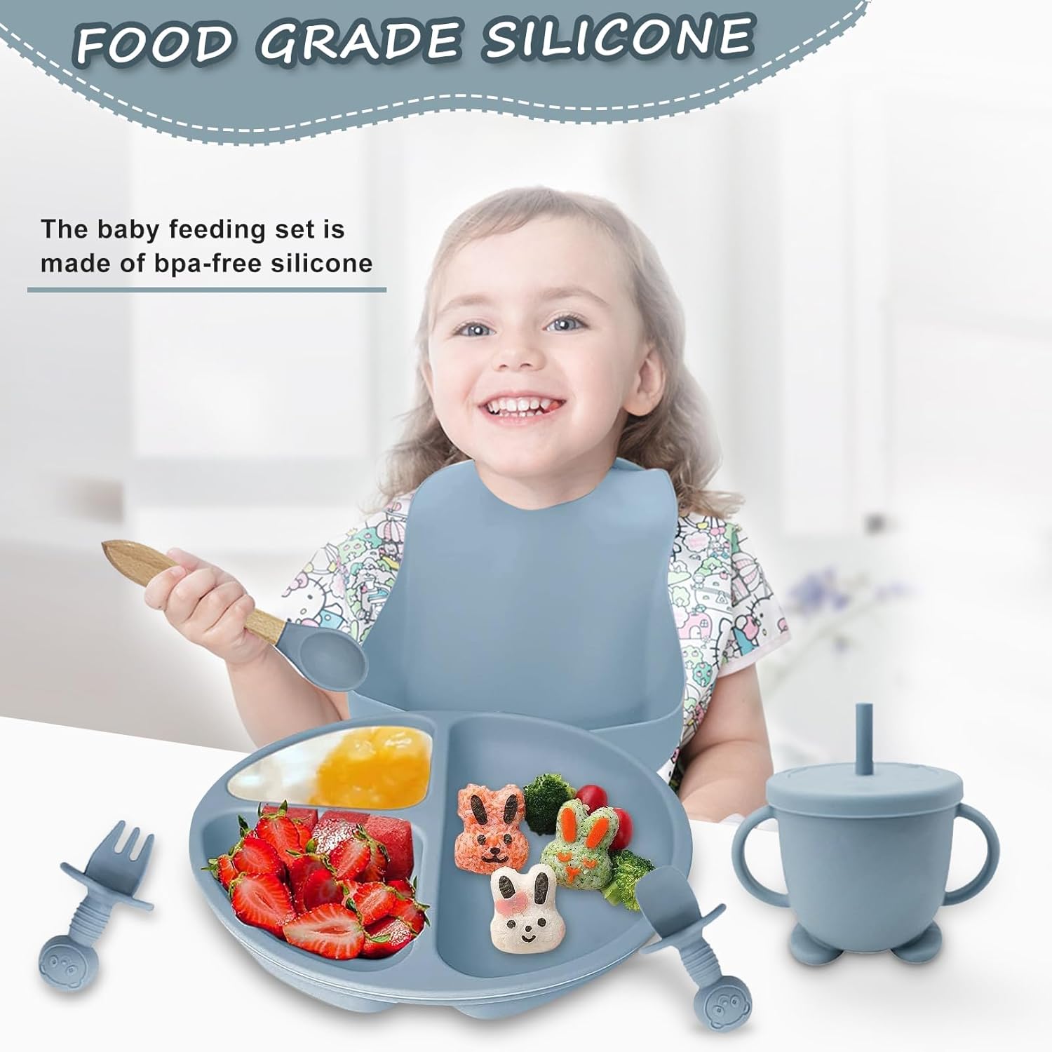 Thumbnail 6 de Baby Weaning Set, 11PCS Silicone Baby Tableware with Suction Cup - Blue