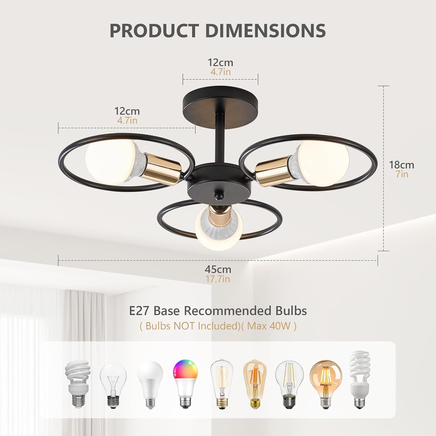 Thumbnail 2 de YOODI Vintage 3-Light Metal Ceiling Lamp with E27 Sockets