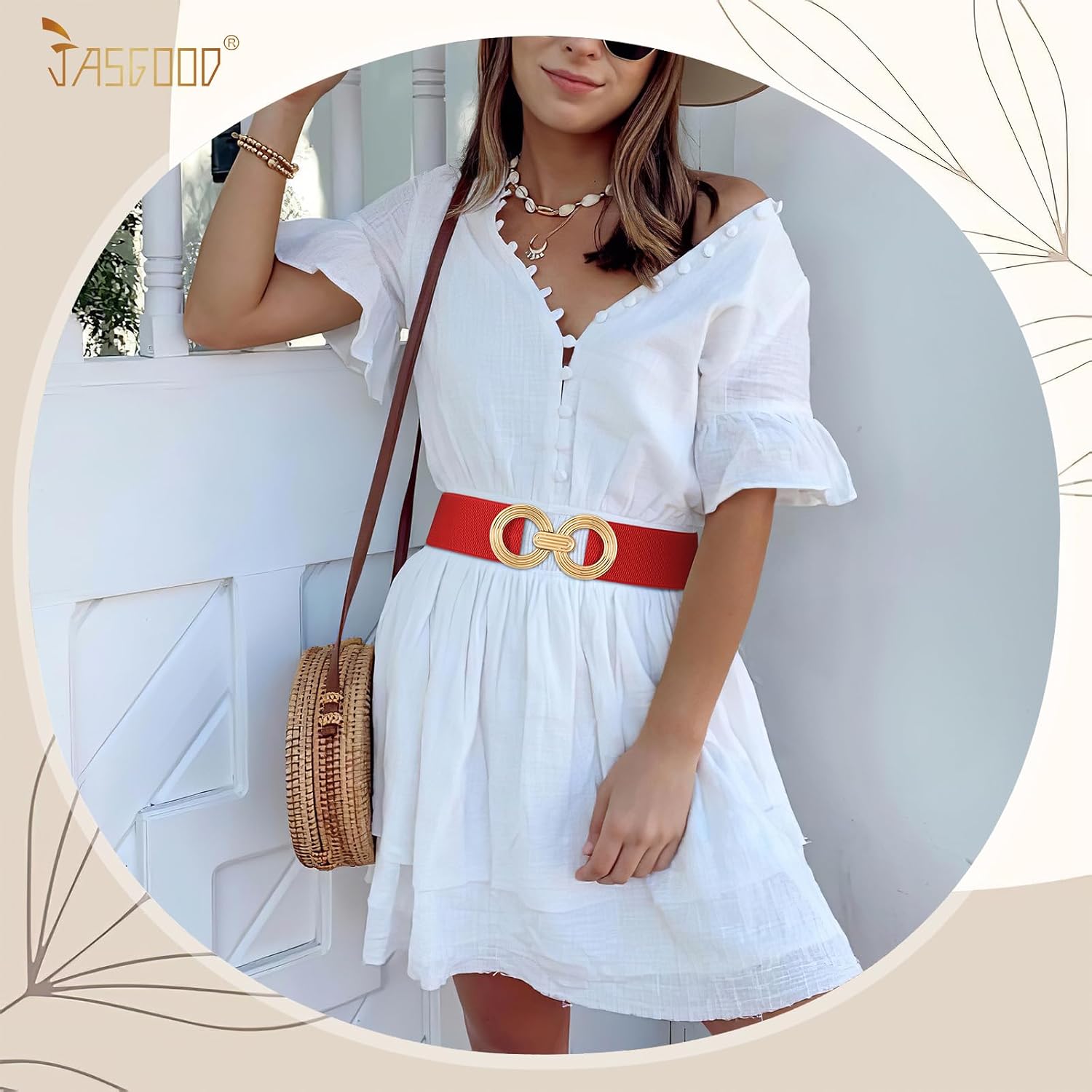 Detalle 2 de JasGood women’s wide elastic belt with gold buckle for dresses and waists