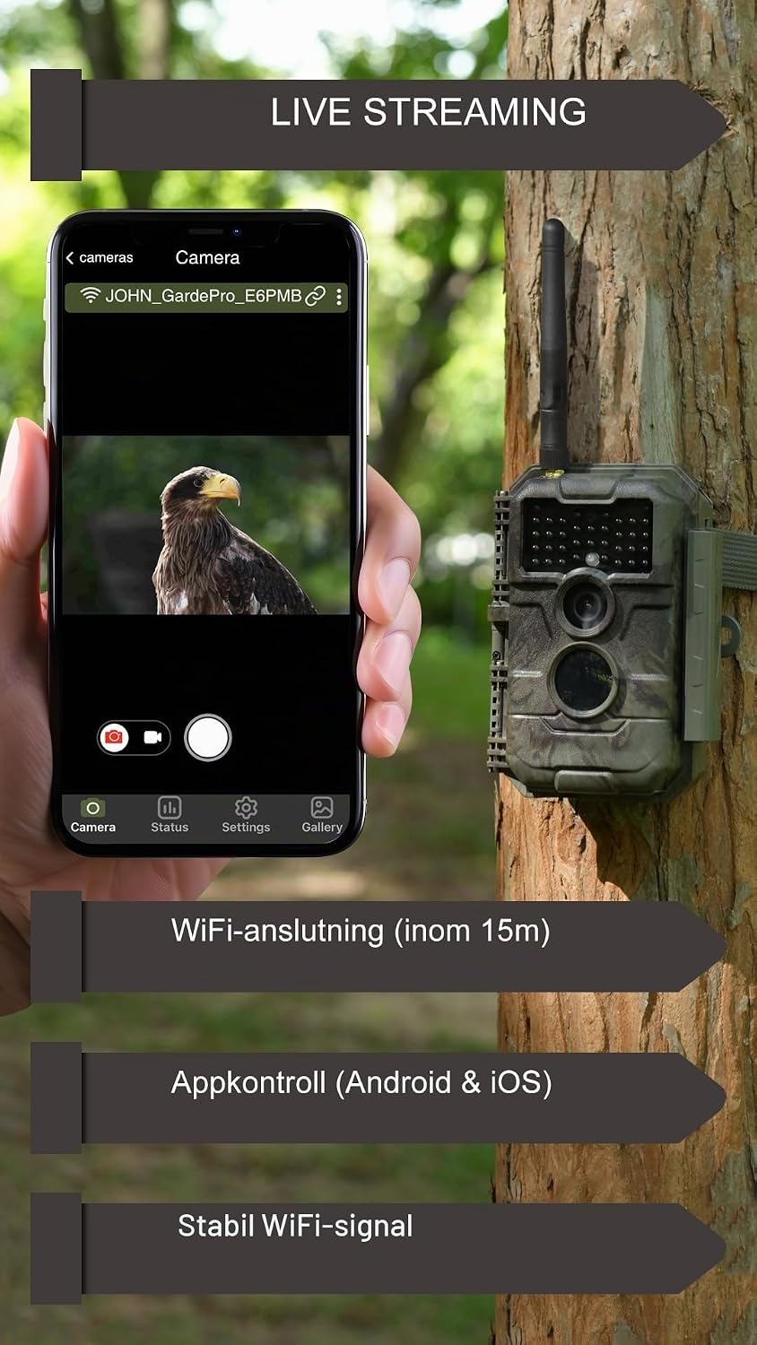 Detalle de GardePro E6P viltkamera med Wi-Fi, 64 MP, 110° synfält och uppladdningsbart batteri