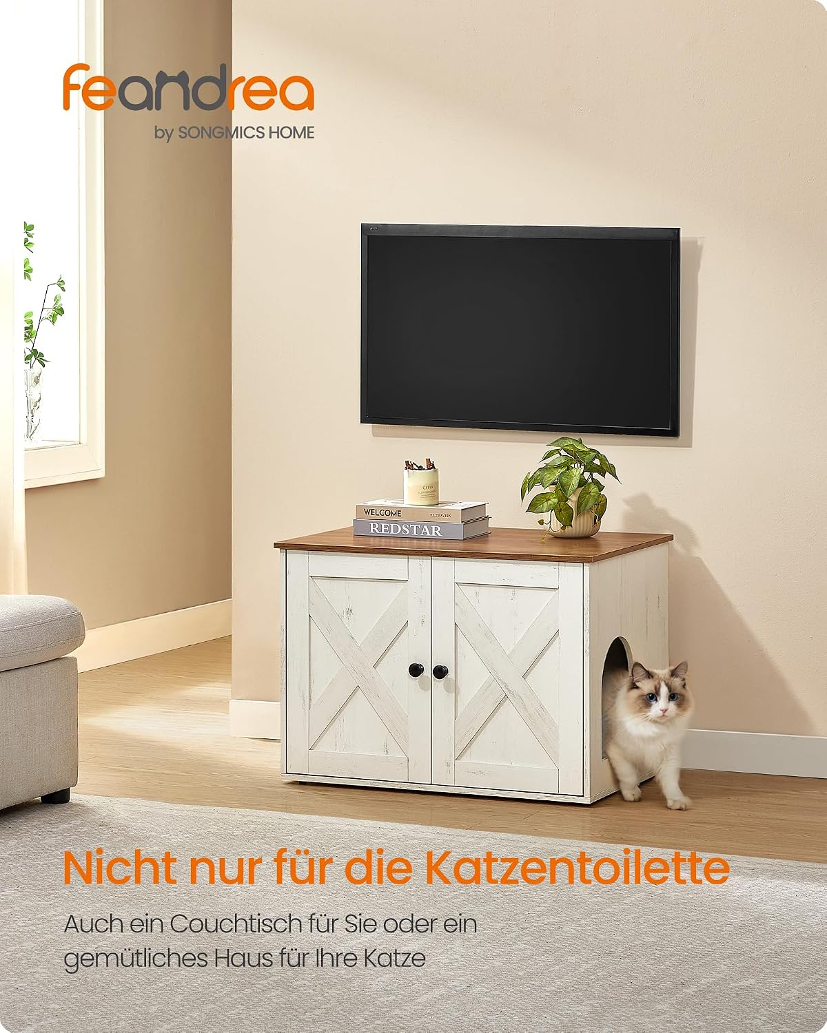 Detalle de Feandrea Katzenhaus: Katzenklo-Schrank, Tisch 70 x 50 x 50 cm in Honigbraun-Vintageweiß