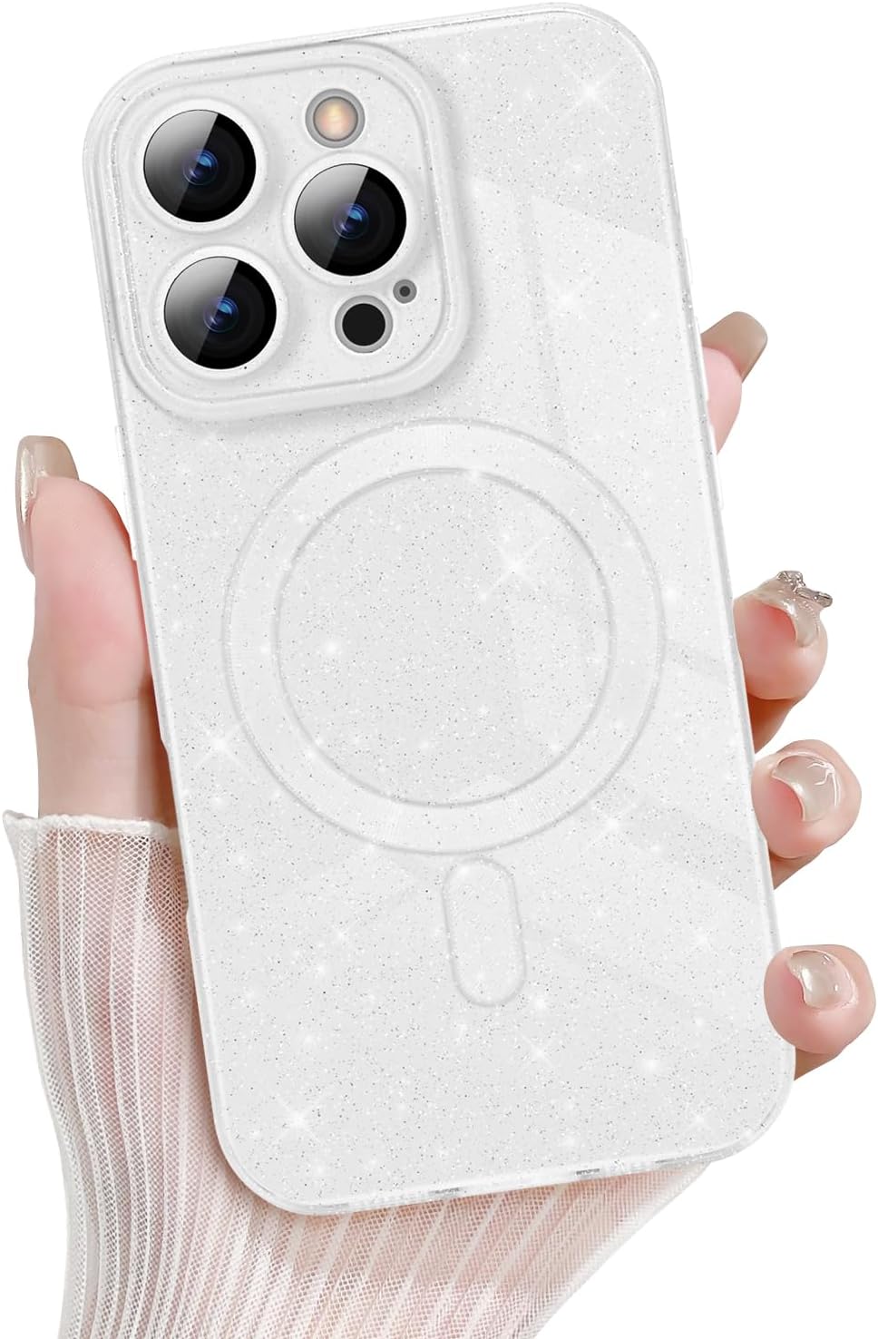 Detalle de Newseego Glitzer Hülle für iPhone 16 Pro (6,3 Zoll) – MagSafe-kompatible TPU-Schutzhülle in Weiß