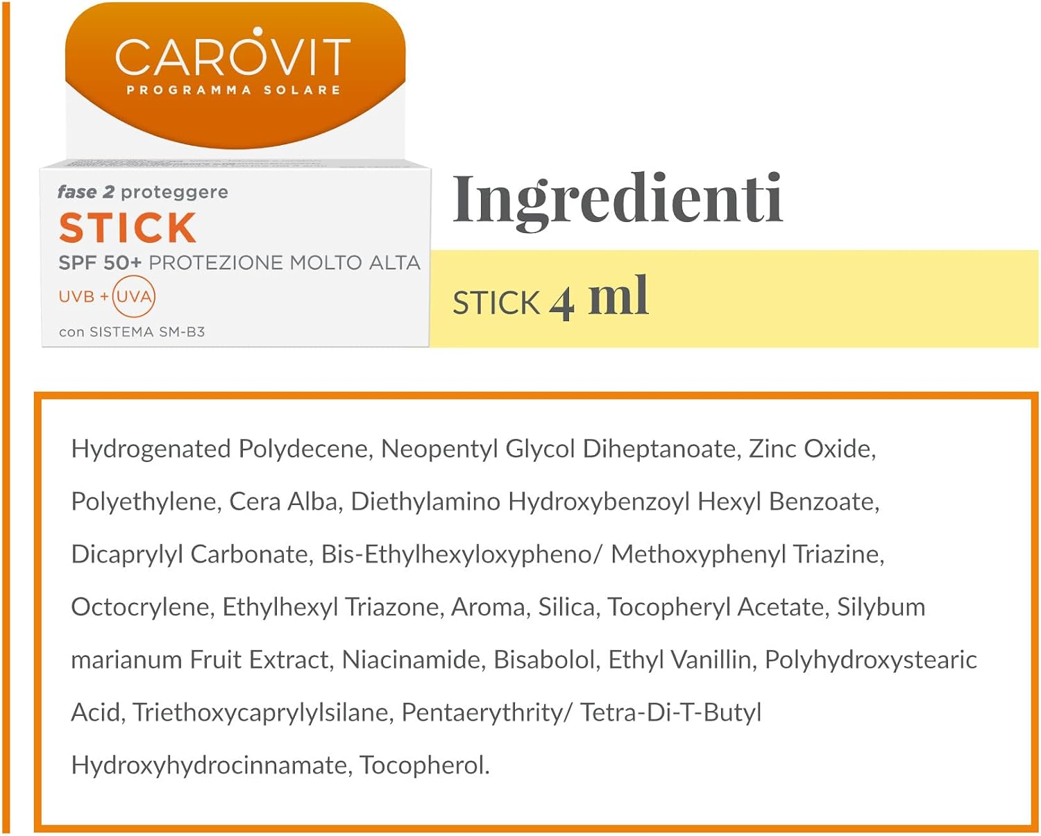 Detalle de Carovit Protezione Solare Stick SPF 50+ per Zone Sensibili, 4 ml – protezione UVA/UVB trasparente