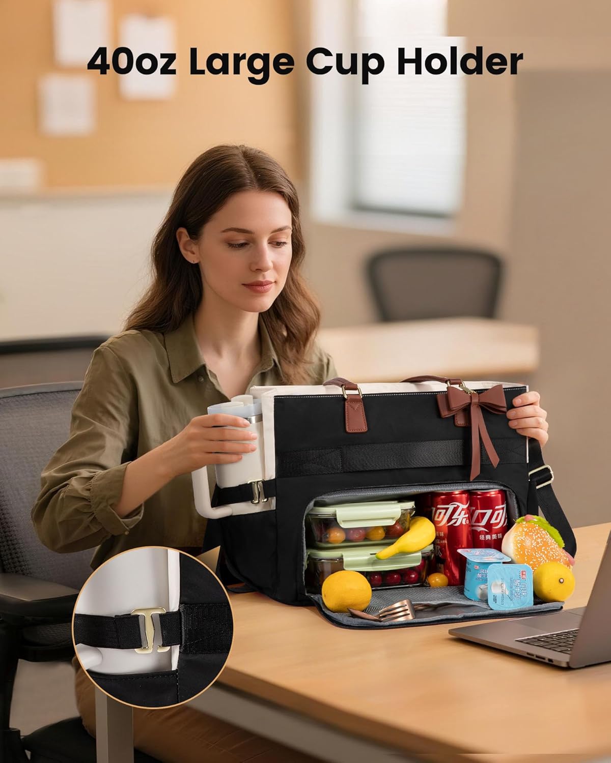 Thumbnail 4 de LOVEVOOK Lunch Bag Tote for Women with Insulated Compartment, Laptop Pocket (Fits 17.3-Inch) & Cup Holder, Black-Beige-Brown