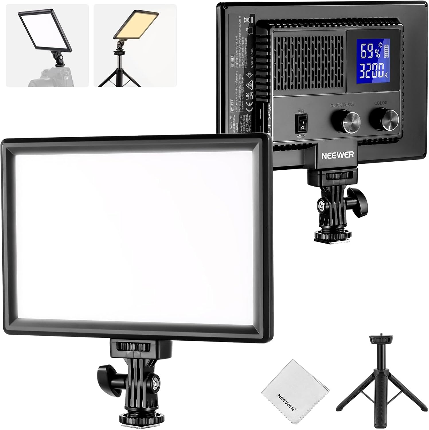NEEWER Panneau LED 9'' NL-116AI pour caméra, 4000 mAh USB-C, température 3200K-5600K et intensité variable