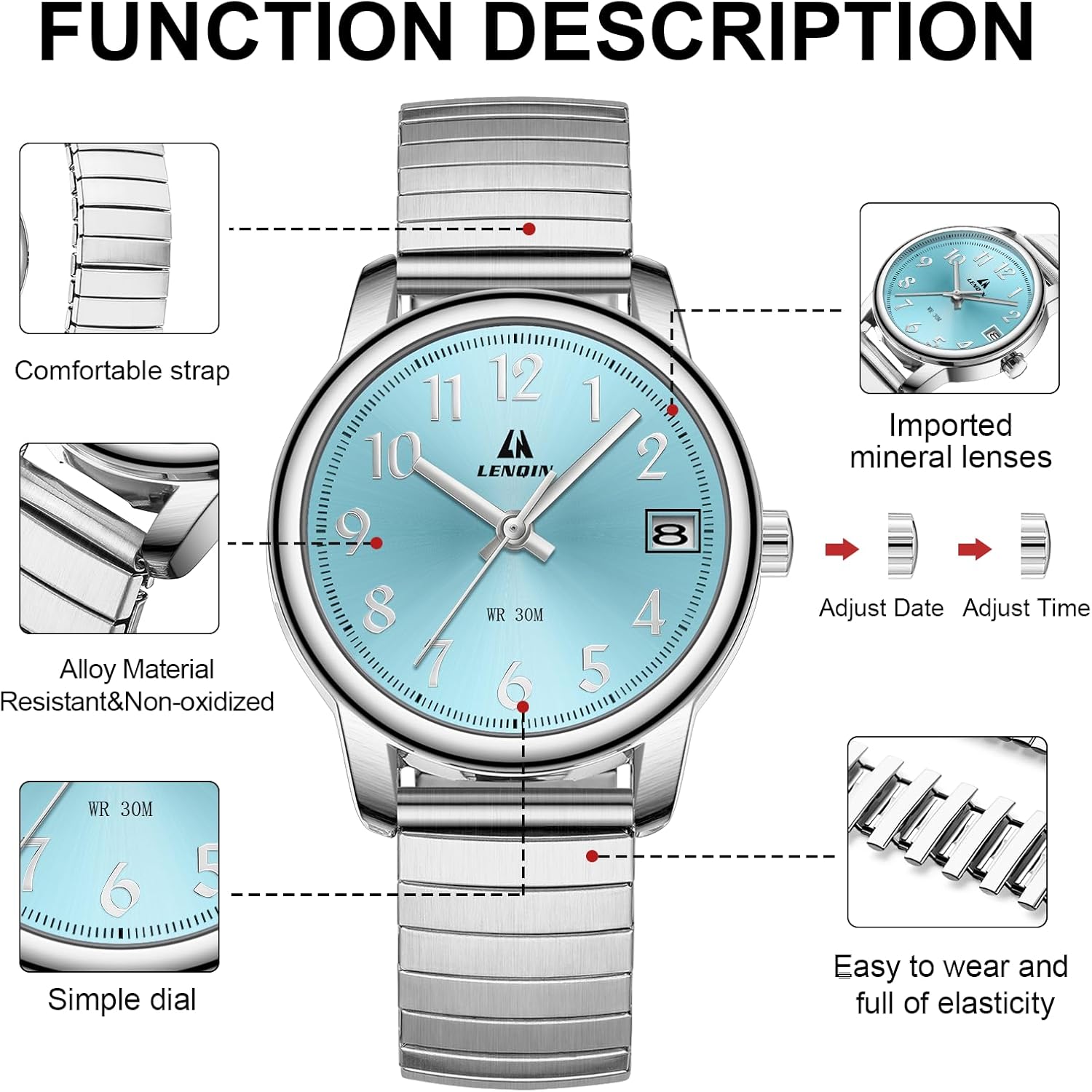 Detalle de LN LENQIN Damenarmbanduhr aus Edelstahl mit Quarzwerk, analogem Zifferblatt und 3-ATM-Schutz