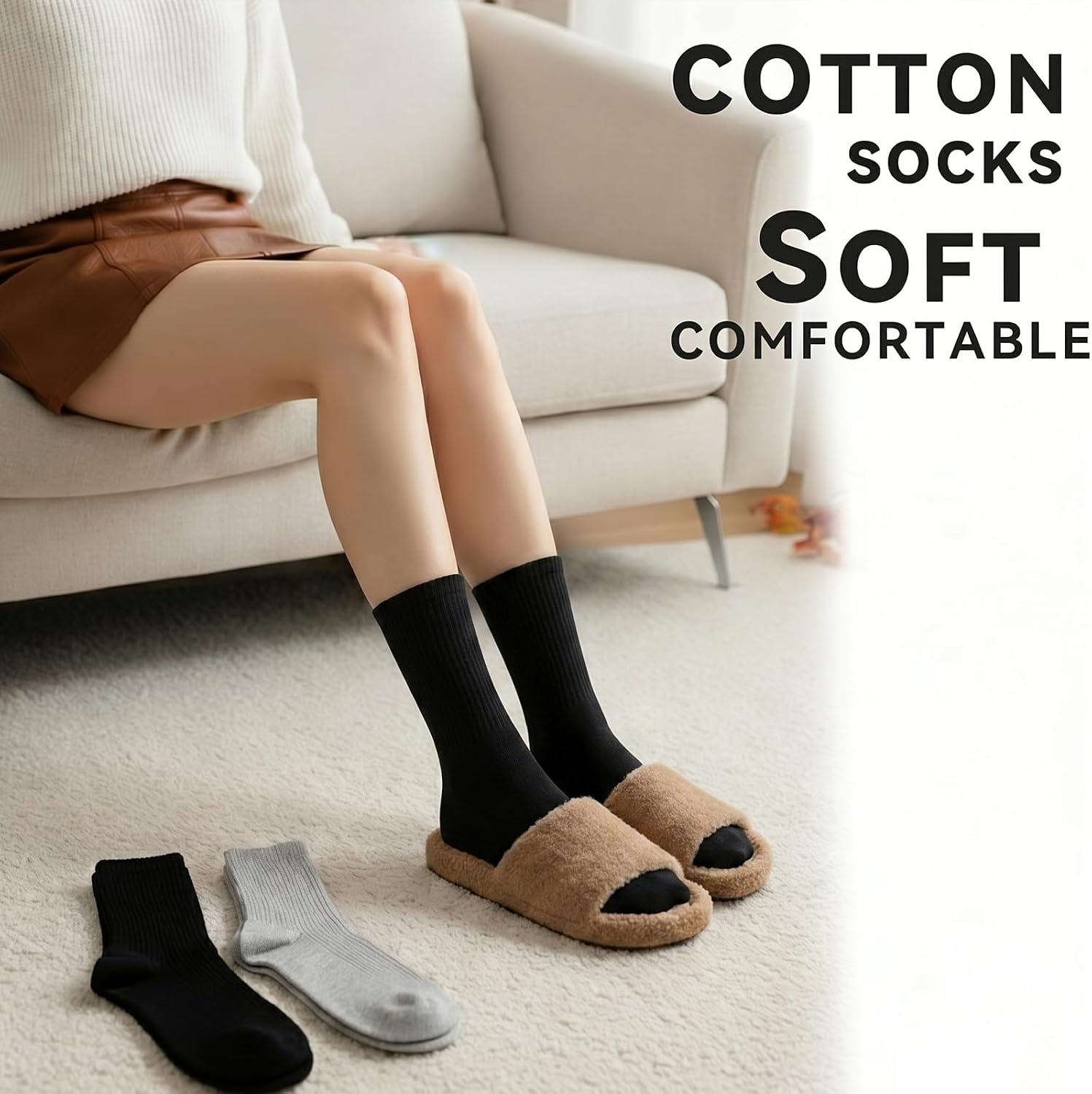 Detalle de VoJoPi Women's Crew Socks, 5-Pair Cotton Set, Lightweight with Vertical Stripes