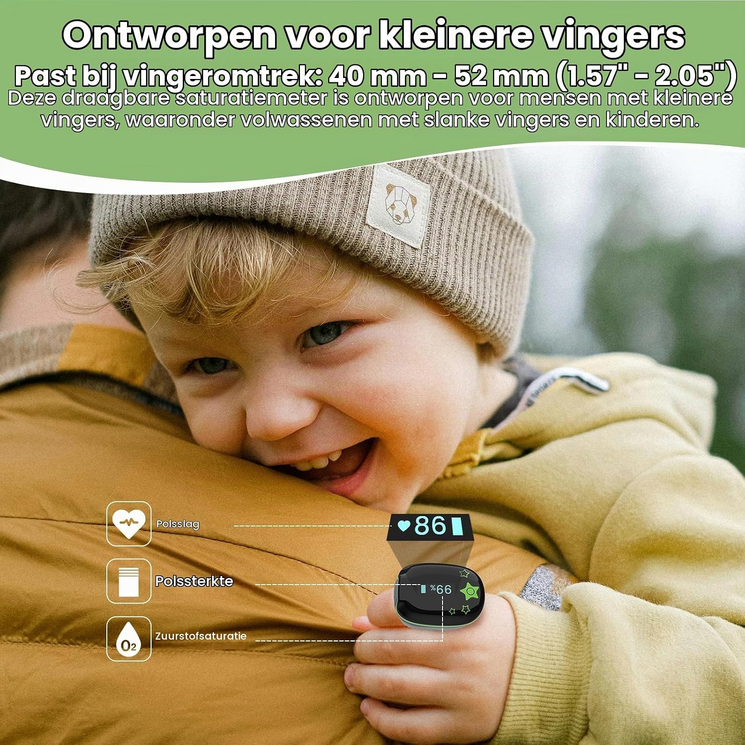 Detalle 2 de KidsO2 kinder-pulsoximeter met zachte vingerringsensor en Bluetooth-app
