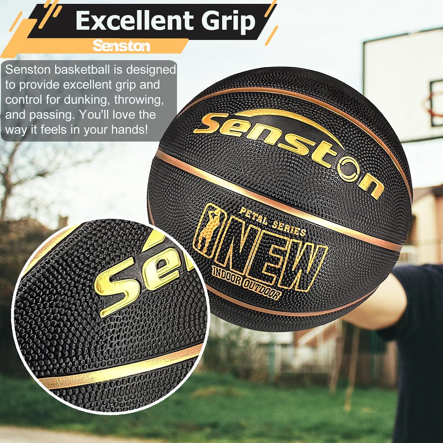 Detalle 2 de Senston LQ Size 7 Basketball, 29.5-Inch Rubber, Black/Gold, with Pump