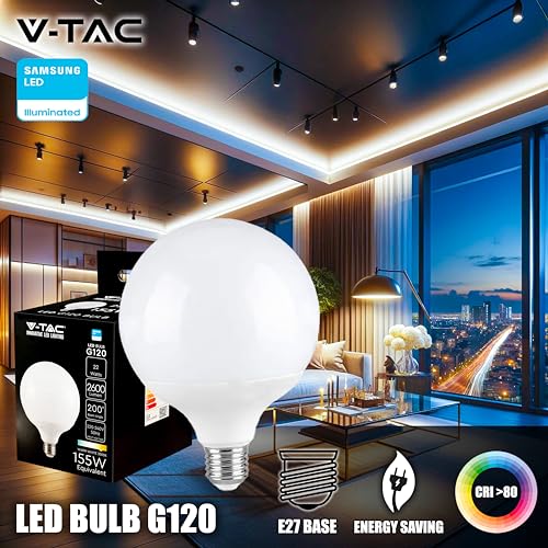 Detalle de V-TAC Bombilla LED Globo E27-22W (Equivalente a 155W) G120-2600 Lumen, 3000K – Máxima eficiencia para iluminación general