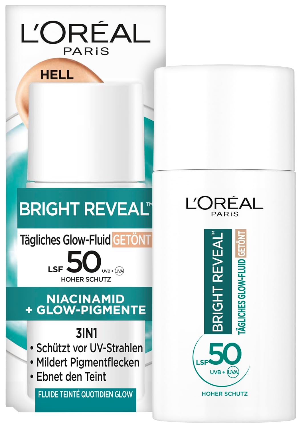 Detalle de L’Oréal Tägliches Getöntes UV Glow-Fluid LSF 50 mit Niacinamid + Glow-Pigmenten, Farbe Hell (Bright Reveal) – 50 ml