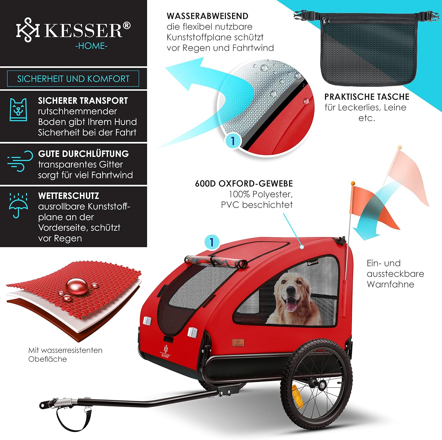 Detalle de KESSER Hundeanhänger Boxer 2-in-1 Hundebuggy – Fahrradanhänger, ca. 250 l, bis 45 kg, klappbar