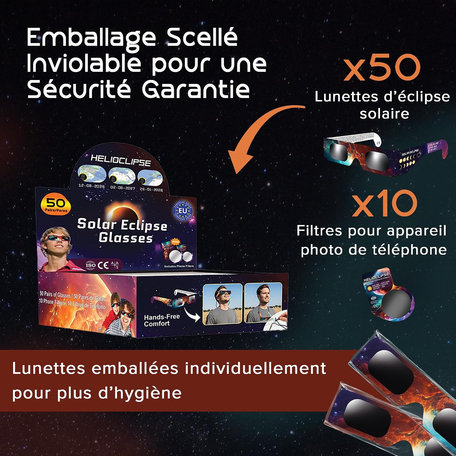 Thumbnail 2 de Lot de 50 lunettes solaires certifiées ISO 12312-2 Helioclipse Eclipse (bonus 10 filtres pour téléphone)