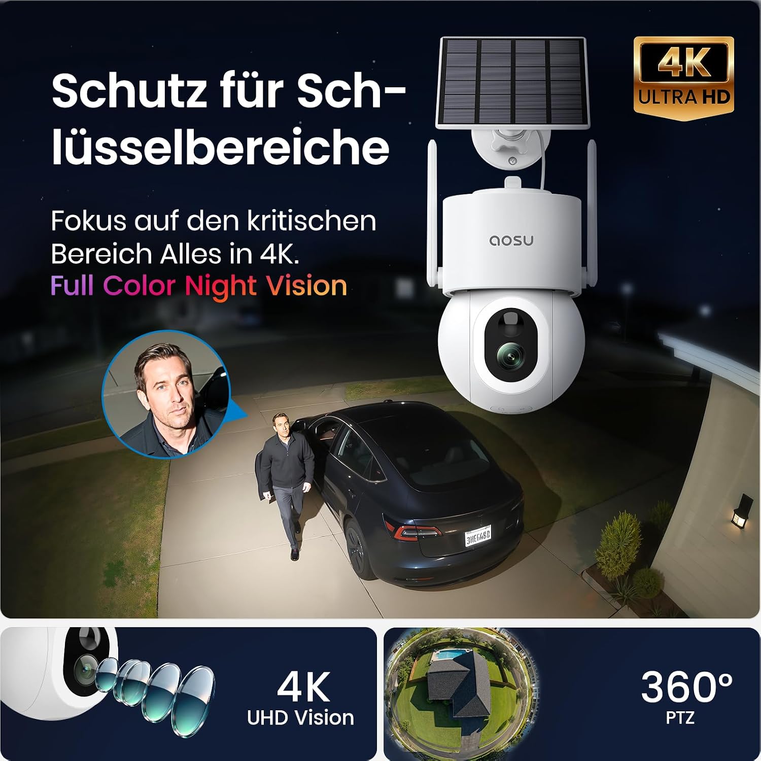 Detalle 2 de aosu 4K 8MP Solarüberwachungskamera Außeneinsatz mit 360° PTZ, Farb-Nachtsicht und 2-Wege-Audio
