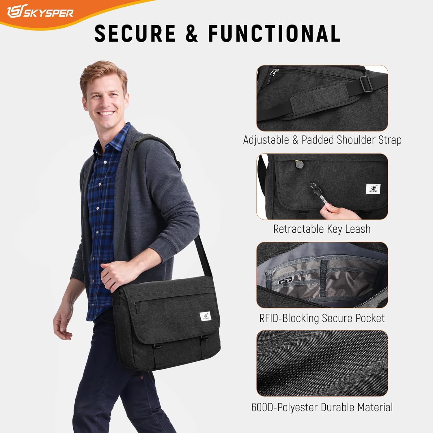 Thumbnail 5 de SKYSPER URBANX15 Messenger Bag – 15,6-Zoll-Laptoptasche mit RFID-Schutz, Schwarz