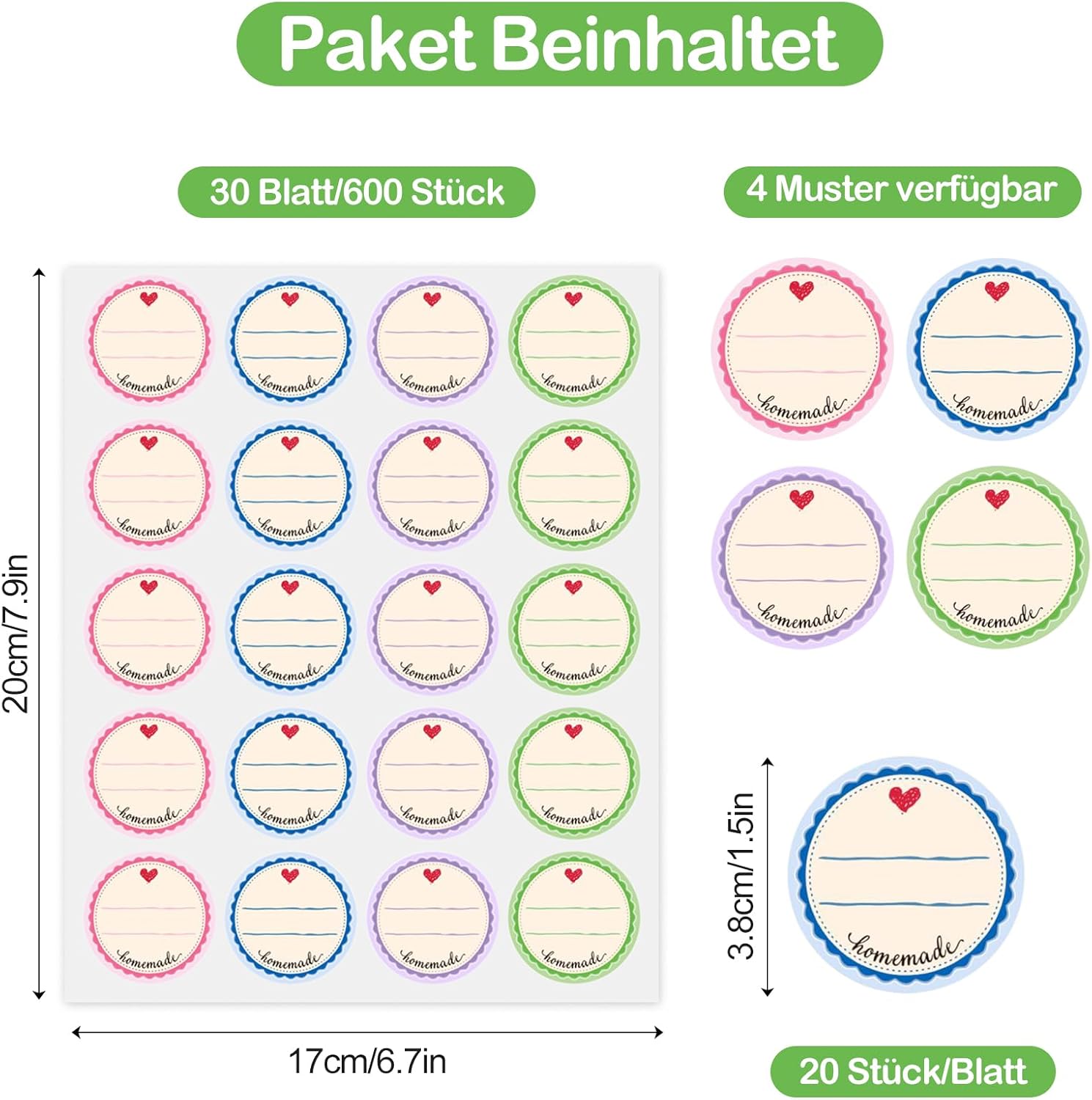 Thumbnail 1 de Willingood 600 Marmeladen-Etiketten selbstklebend (Ø 38 mm) im Retro-„Homemade“-Design, 4 Farben