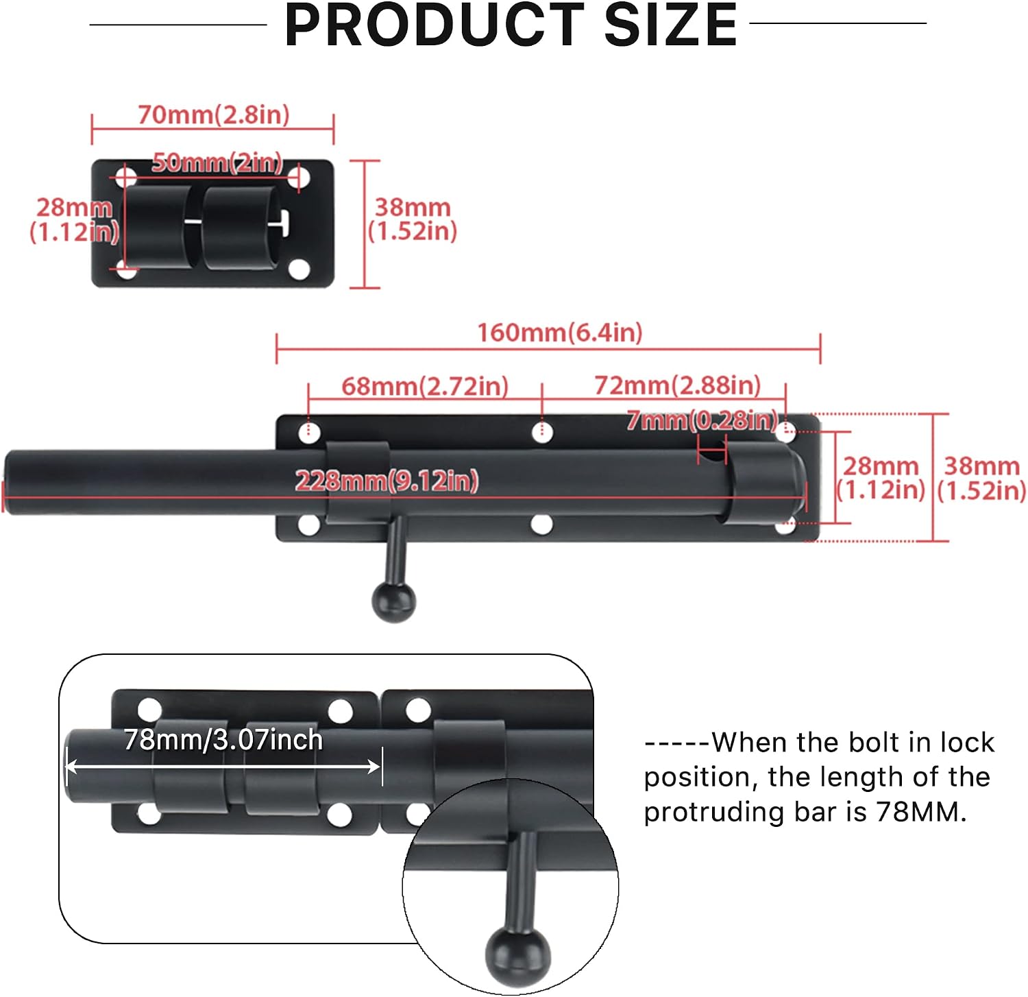 Detalle 2 de Sayayo Heavy Duty Slide Gate Latch Bolt Safety Door Lock EMS9200-B (230mm Length, 19mm Dia Bar) in SUS304 Matte Black