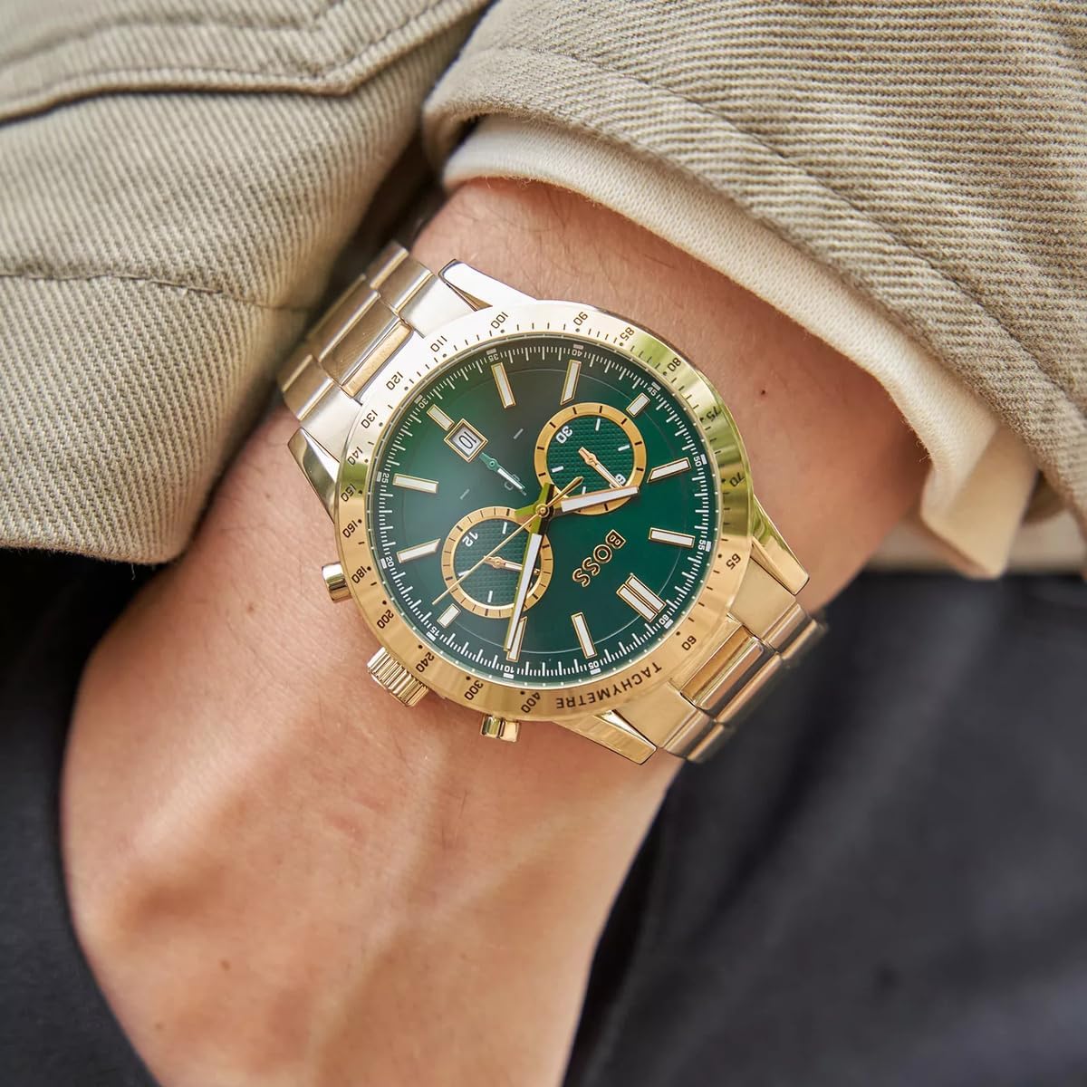 Detalle de BOSS Chronograph Quarz Uhr für Herren – Allure Kollektion mit Goldfarbenem Edelstahlarmband (1513923)