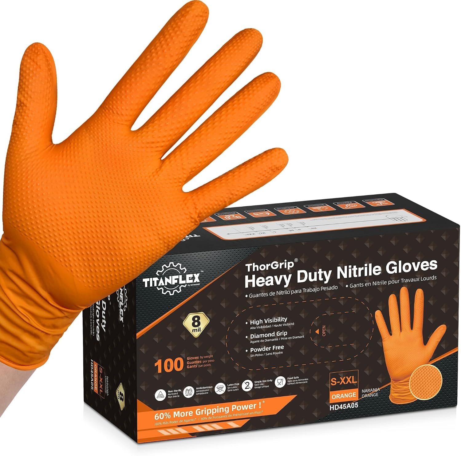 Detalle de TitanFlex Hd45a05 Heavy-Duty Nitrile Gloves, 8-Mil Orange, XXL