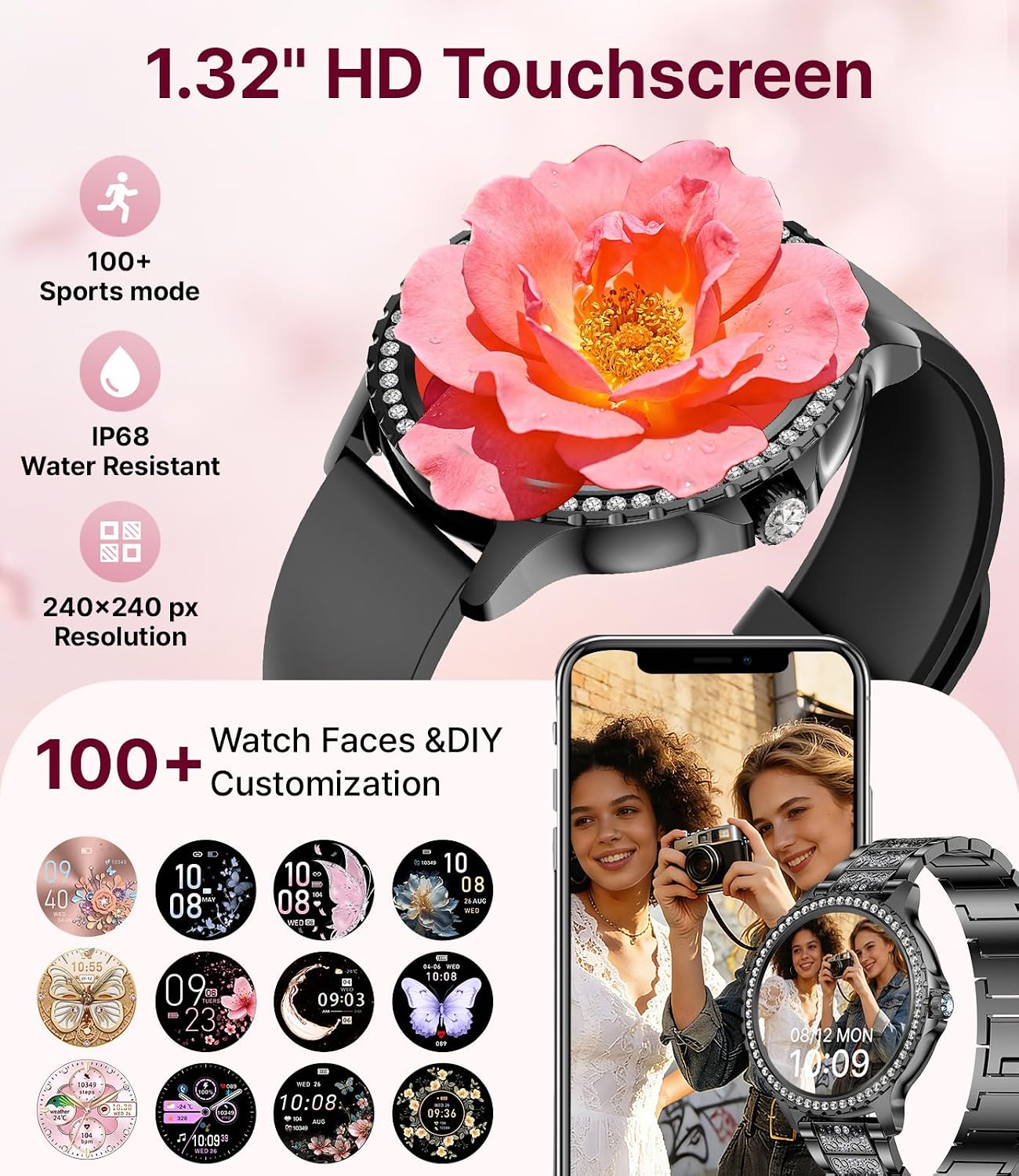 Detalle de LIGE Montre connectée femme avec double bracelet acier et silicone – écran 1,32'' Full Touch