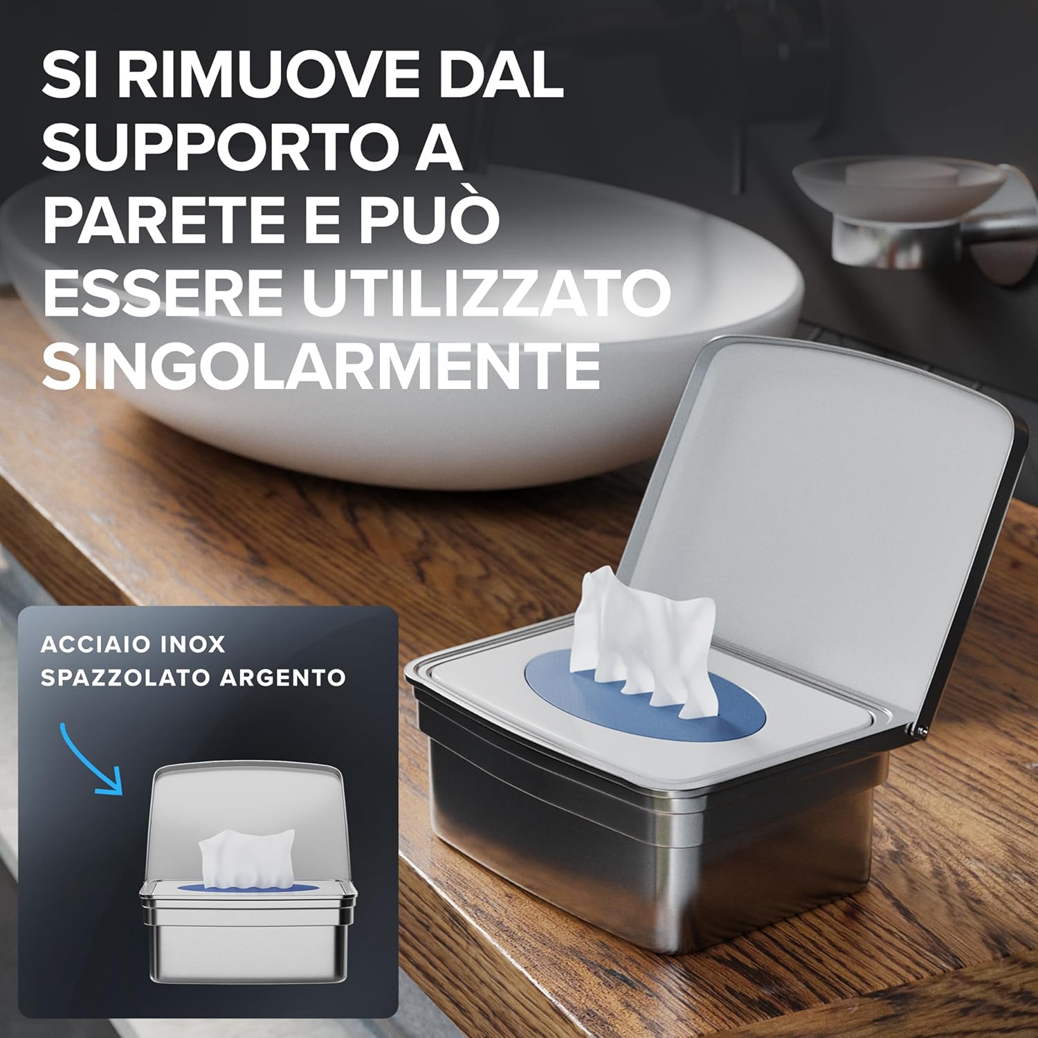 Thumbnail 4 de Ovimar scatola per salviette umidificate con coperchio Taksensand in acciaio inox lucidato argento