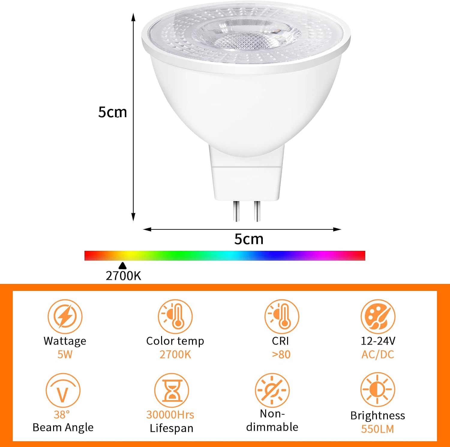 Detalle de Lampadina LED GU5.3 MR16 12V 5W 2700K 550 lm, 8 pezzi – Equivalenti a 50W
