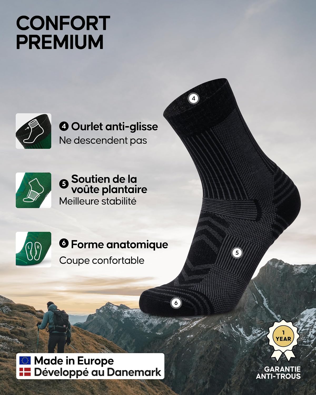 Detalle de DANISH ENDURANCE Chaussettes Randonnée Mérinos 3P/5P