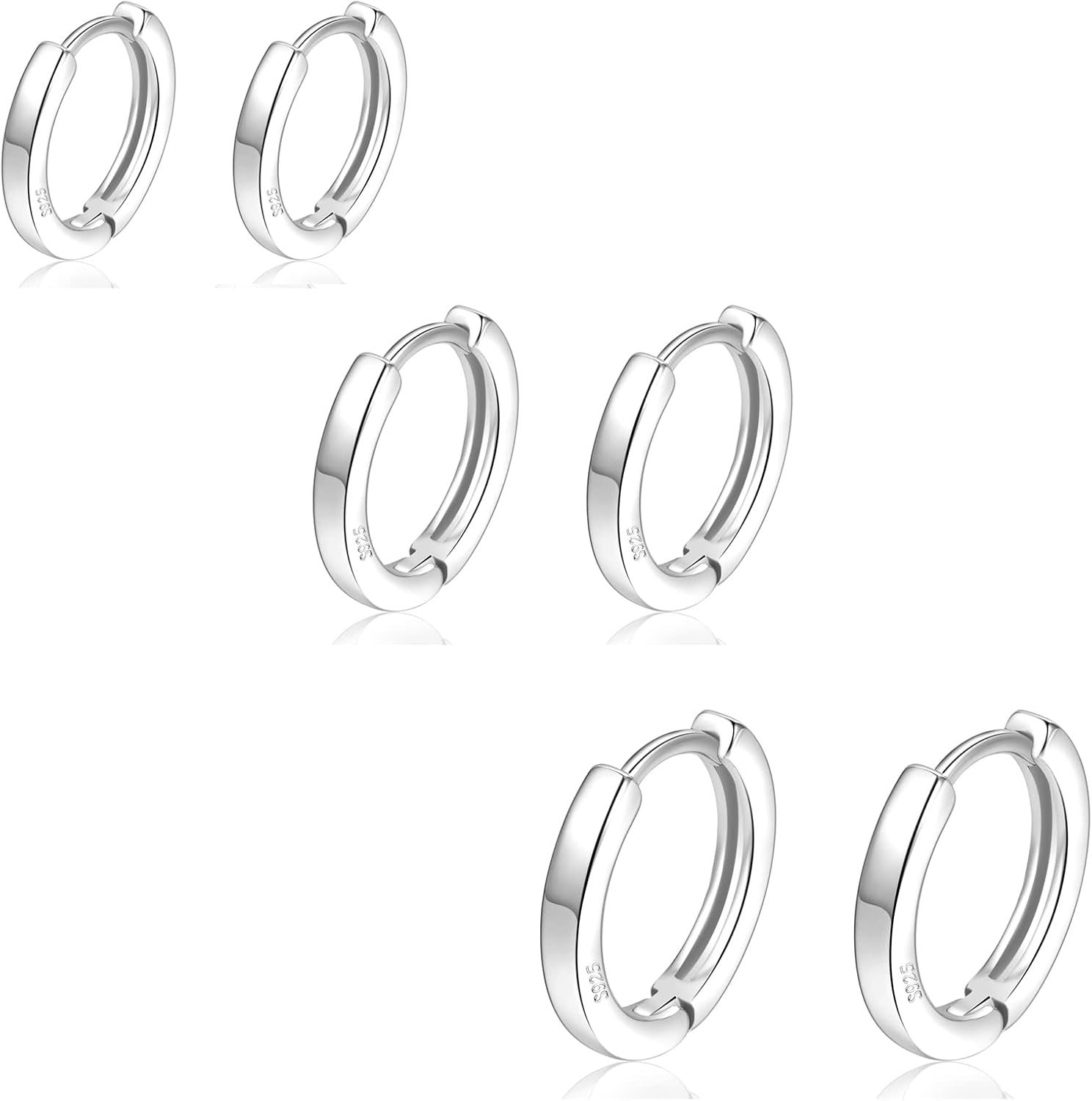 Detalle de 3 Pairs Sterling Silver Hoop Earrings for Women – S925 Huggie Hoops with Cubic Zirconia by PRETOLE