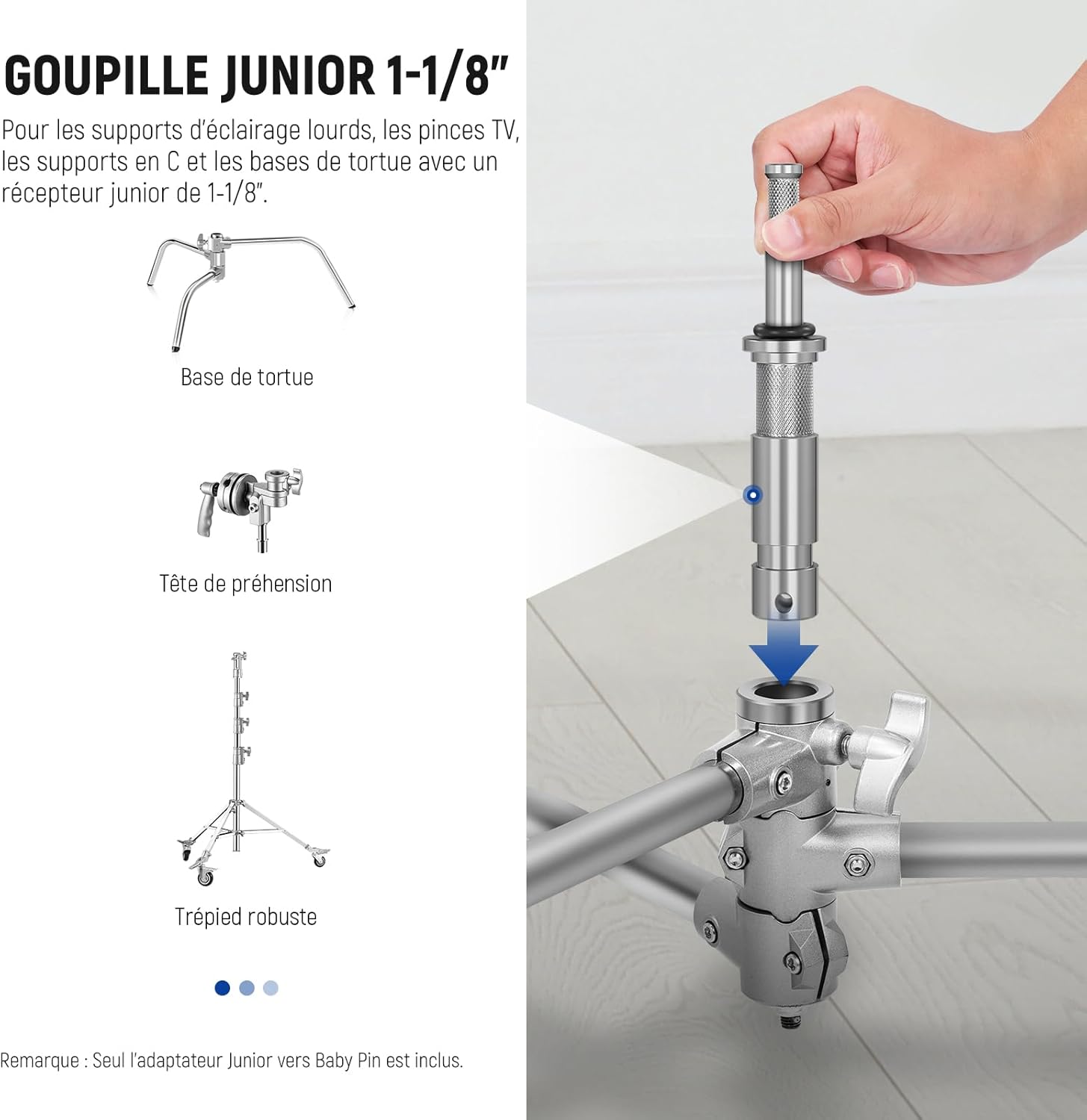 Detalle de NEEWER Adaptateur Junior vers Baby Pin (UA027) : passe de 1-1/8” à 5/8” pour C-stands et supports d’éclairage
