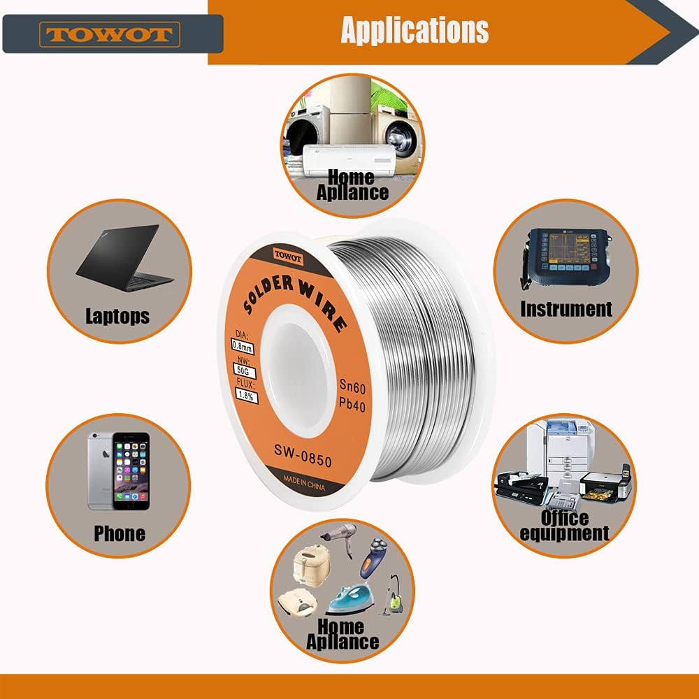 Detalle de TOWOT SW0850 Solder Wire, 0.8 mm Sn60-Pb40 Rosin Core, 50 g